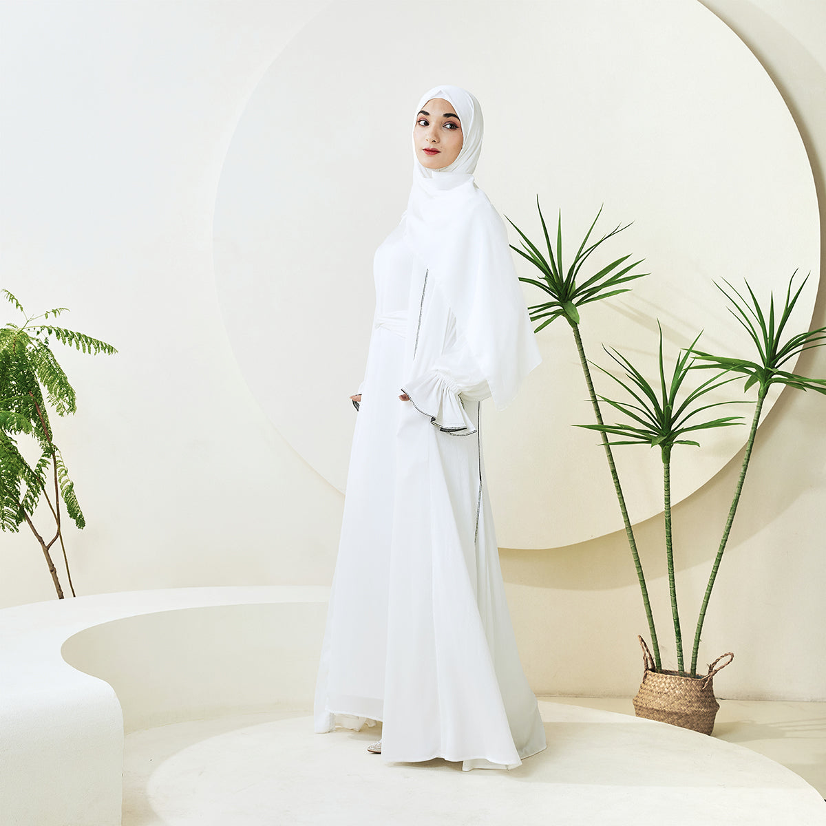 3-Piece Ruffle Sleeve Haiya Abaya Set with Sparkling Rhinestone (NCS006)