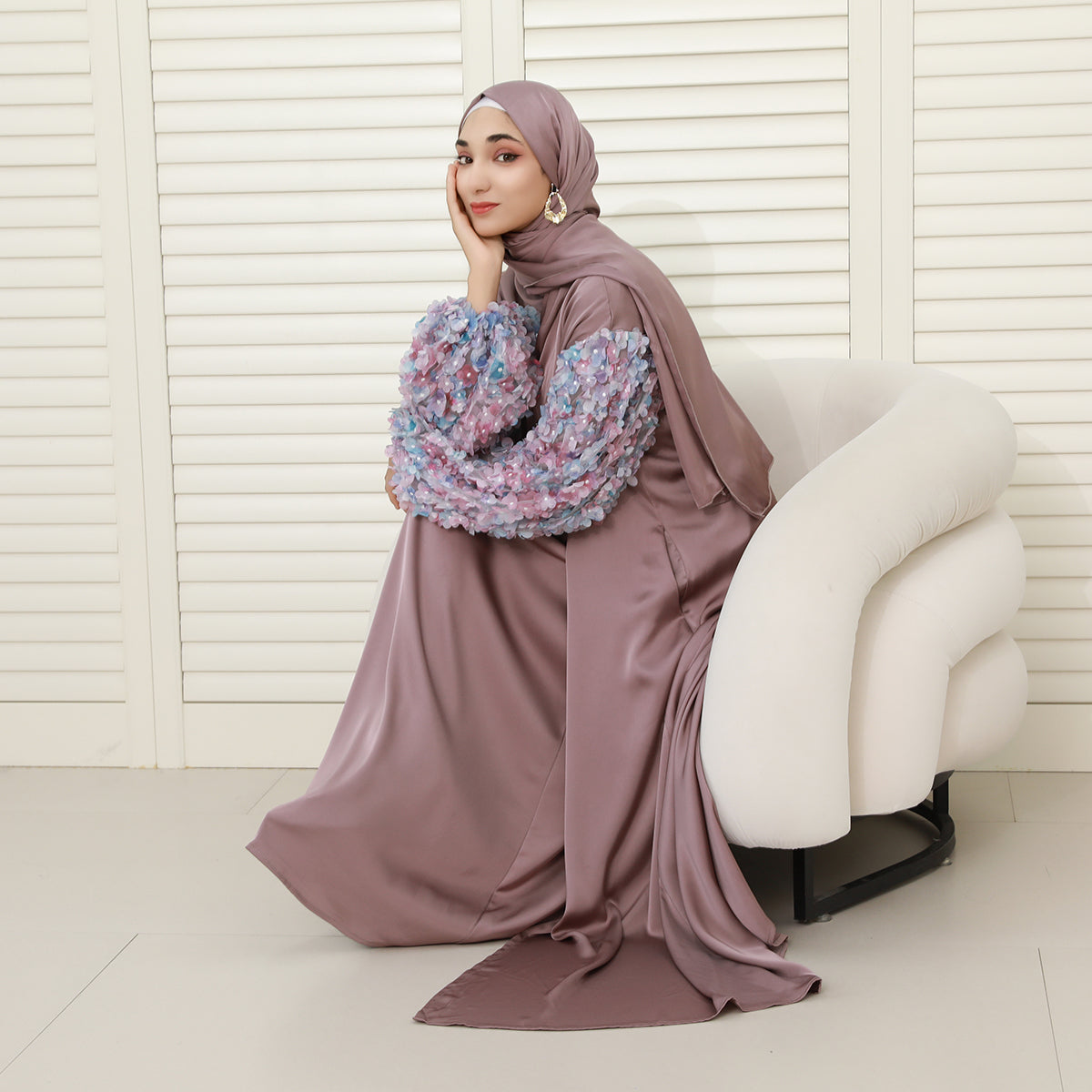 Pastel 3D Floral Sleeve 4-Piece Abaya Set – Elegant Occasionwear Modest Dress (NCS014)