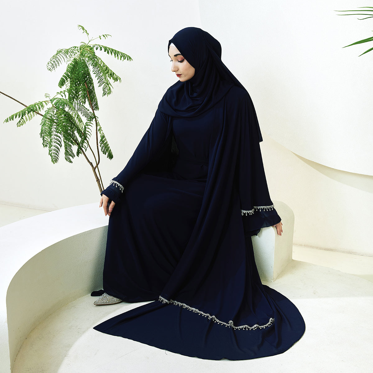 Elegant Chiffon Diamond Tassels Abaya Four - piece Set(NCS001)