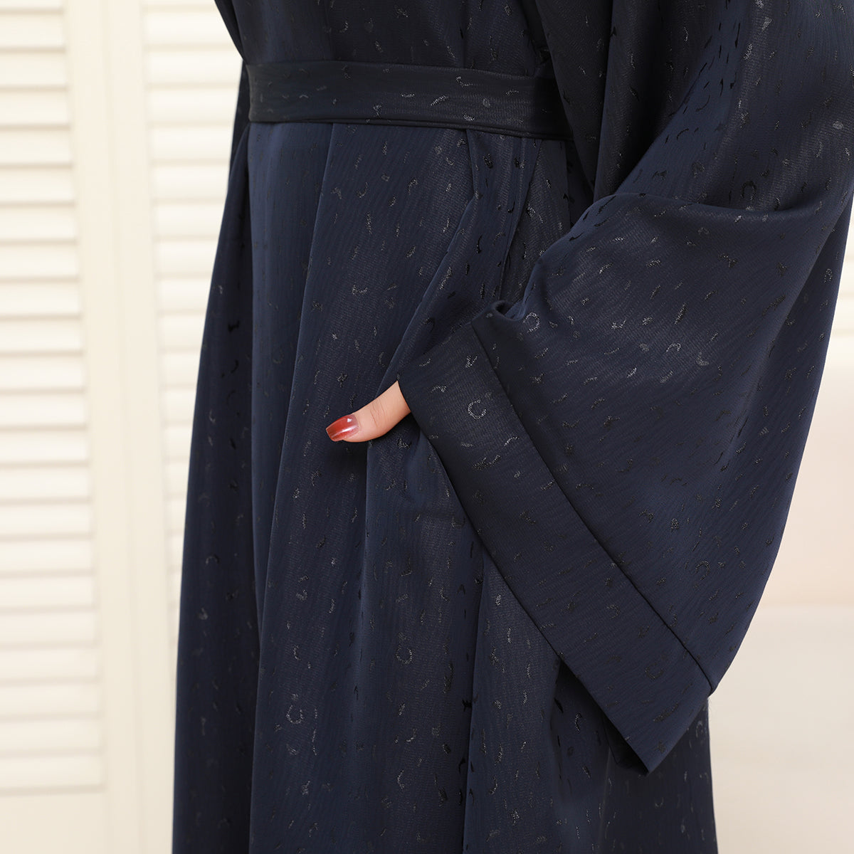 Elegant 3D Jacquard Brocade Belted Maxi Dress Abaya– Luxury Satin Gown for Formal Occasions(NCA019)