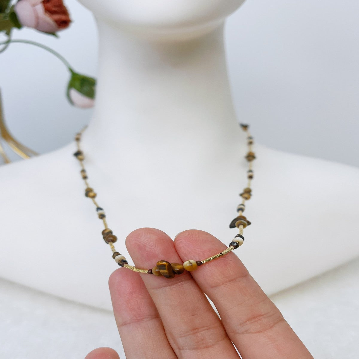 Boho Raw Stone Beaded Necklace with Vintage Sun Pendant – Handmade Natural Gemstone Jewelry for Women(NCJ001)