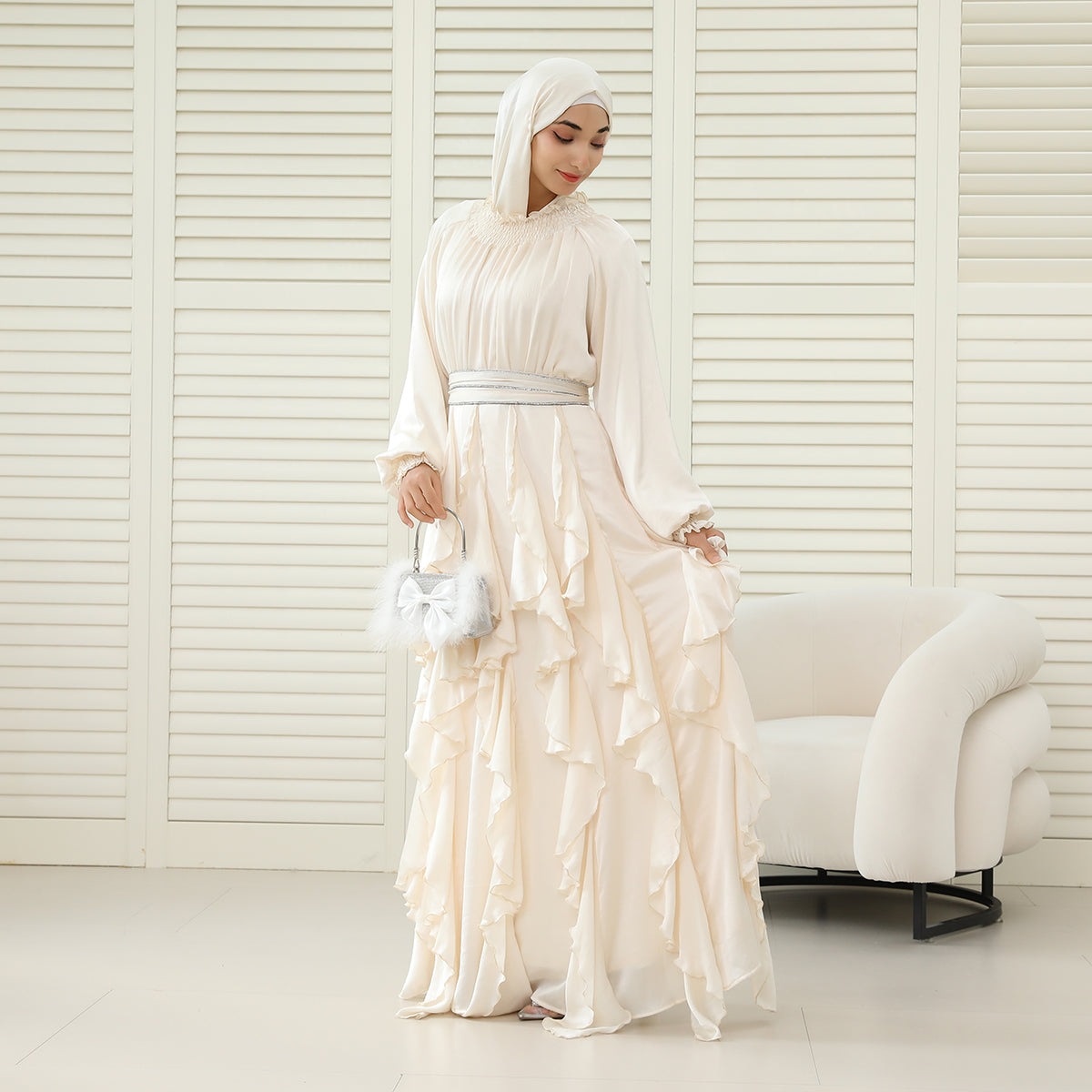 3-Piece Pleated Satin Ruffle Abaya with Crystal Belt & Hijab (NCS015)