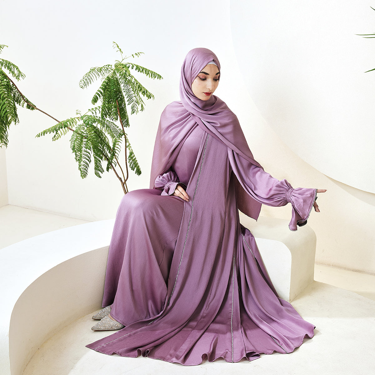 3-Piece Ruffle Sleeve Haiya Abaya Set with Sparkling Rhinestone (NCS006)