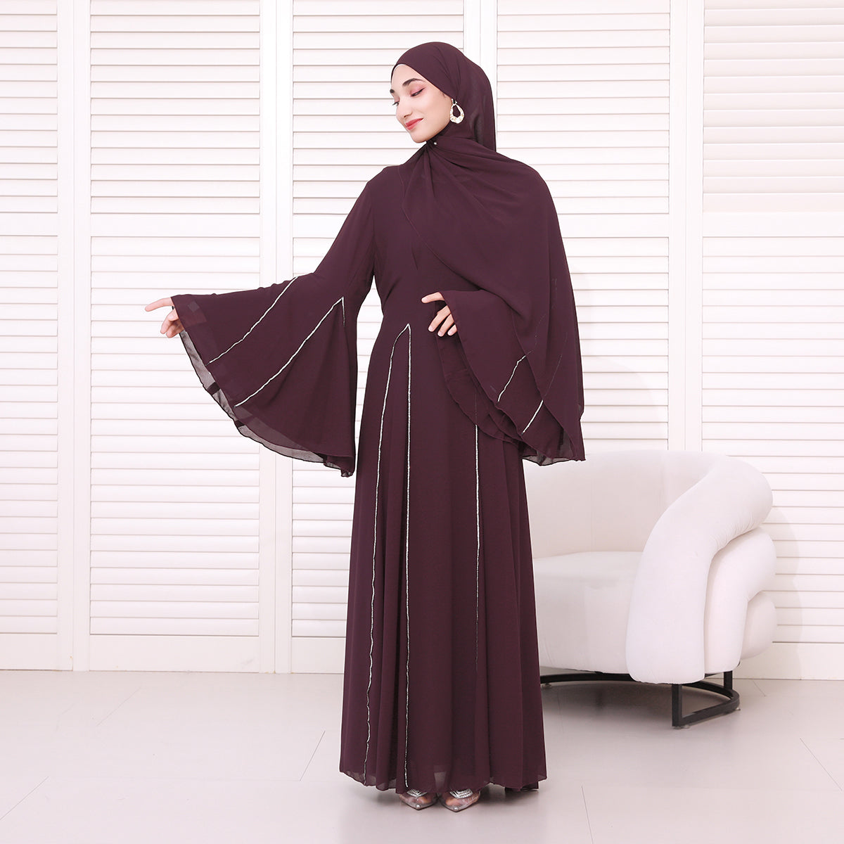 Elegant Bell Sleeve Maxi Abaya with Matching Hijab – Flowing Chiffon with Silver Trim(NCS019)