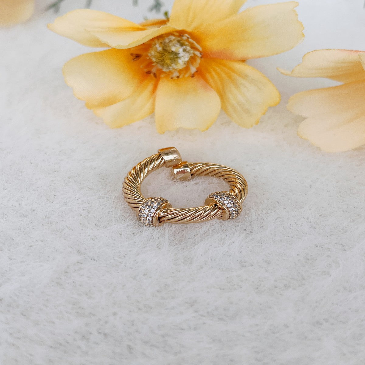 Gold Twisted Rope Ring with Crystal Accents – Adjustable Open Band Ring for Women(NCJ006)