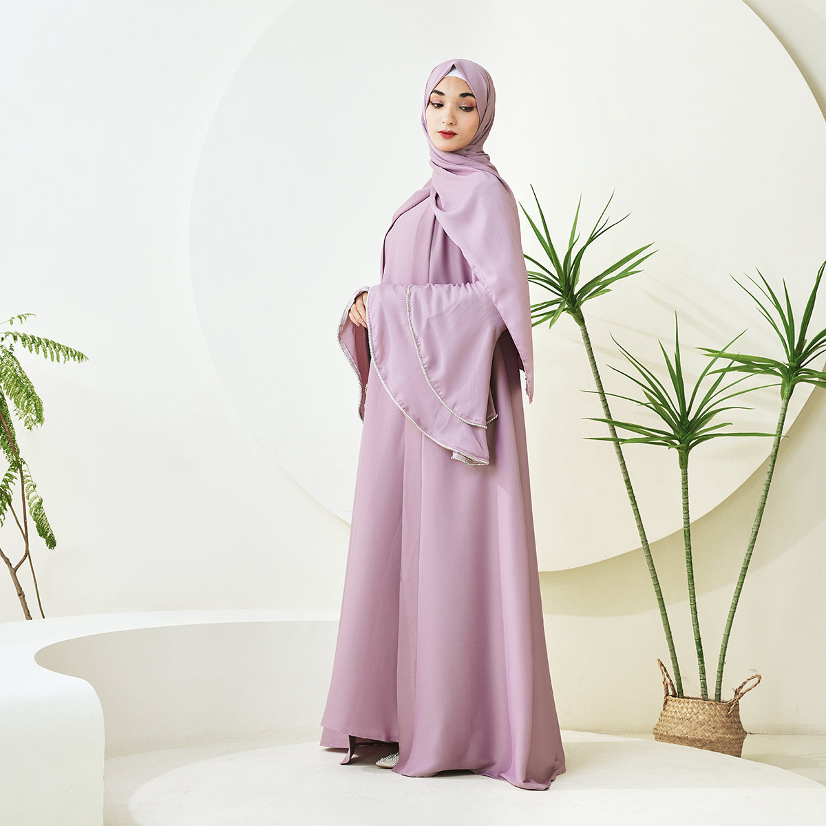 Crepe Satin Ruffle Sleeve Abaya, 5-Piece Set （NCS003）