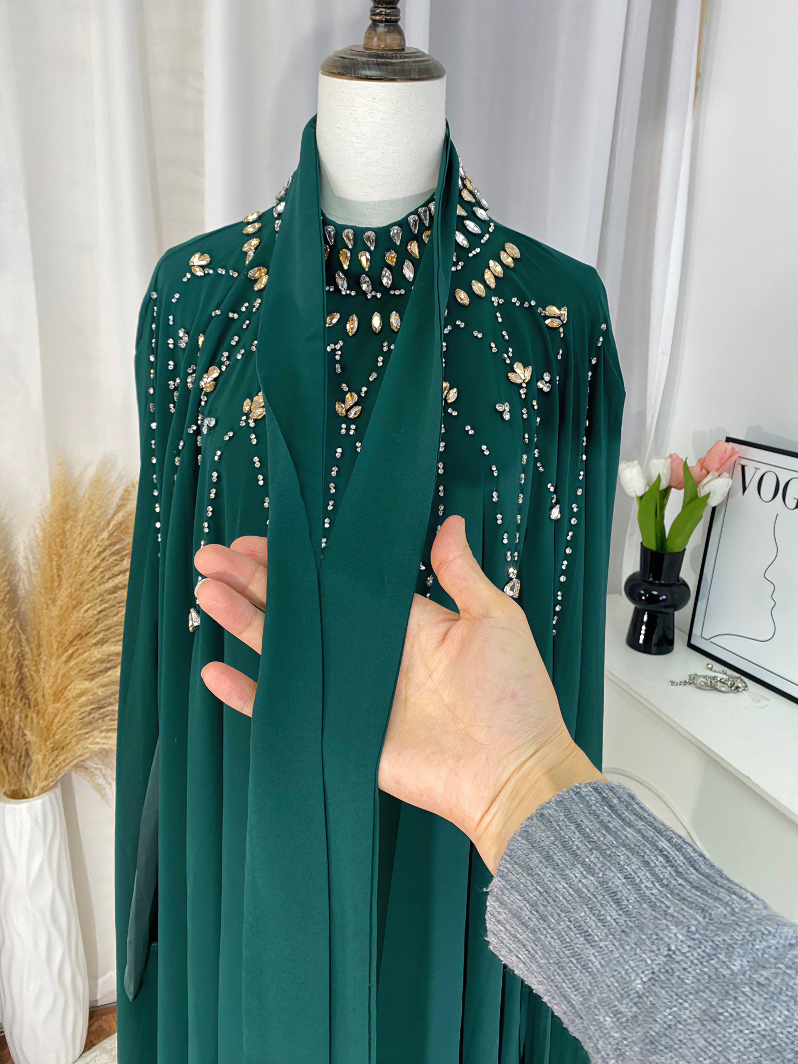 Luxury Crystal Beaded Abaya Set for Women(NCS022) – 2 Piece Open Abaya with Long Sleeve Inner Dress with Pockets (S–XXL)