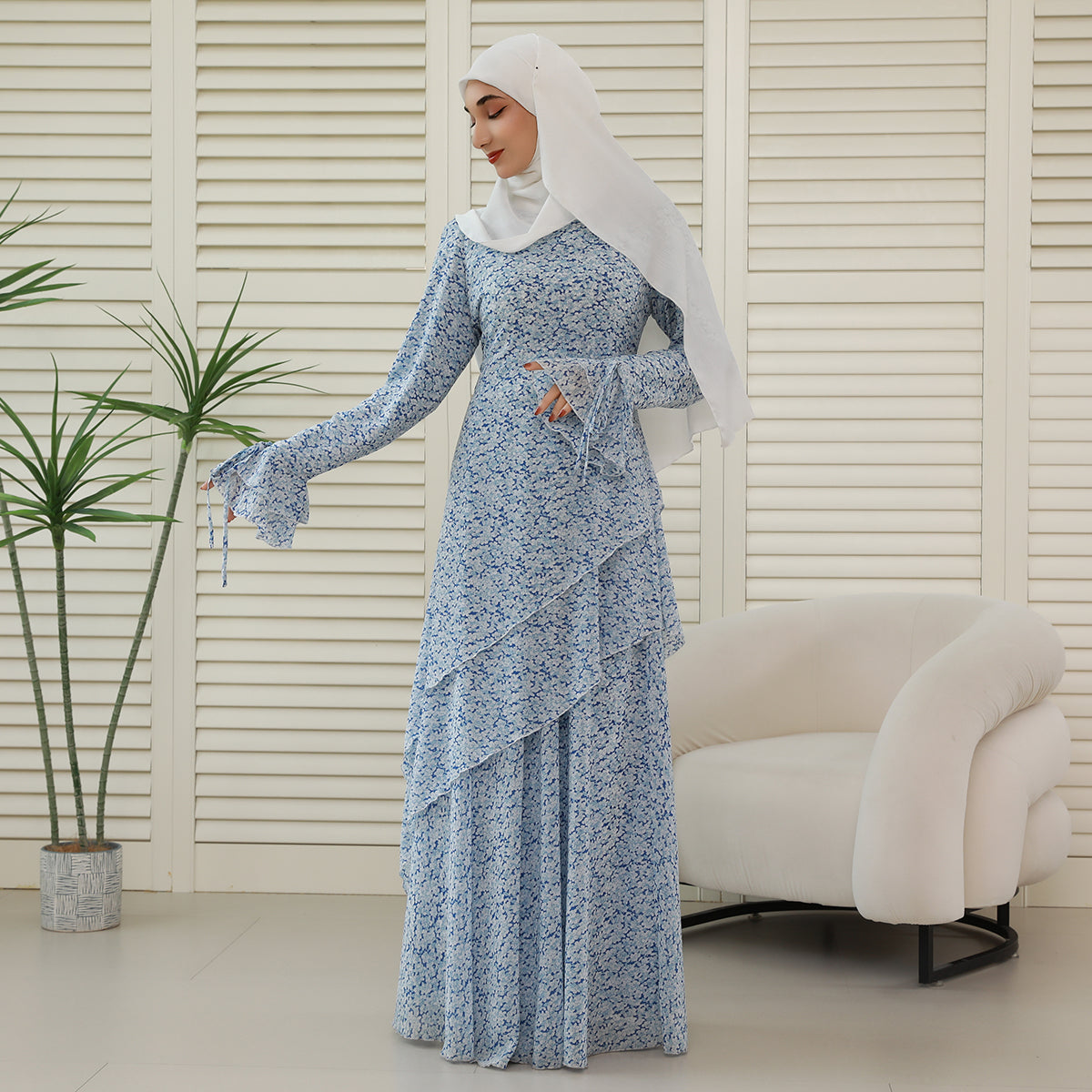 3-Piece Ruffle Chiffon Abaya Set – Top, Skirt & Scrunchie NCA006