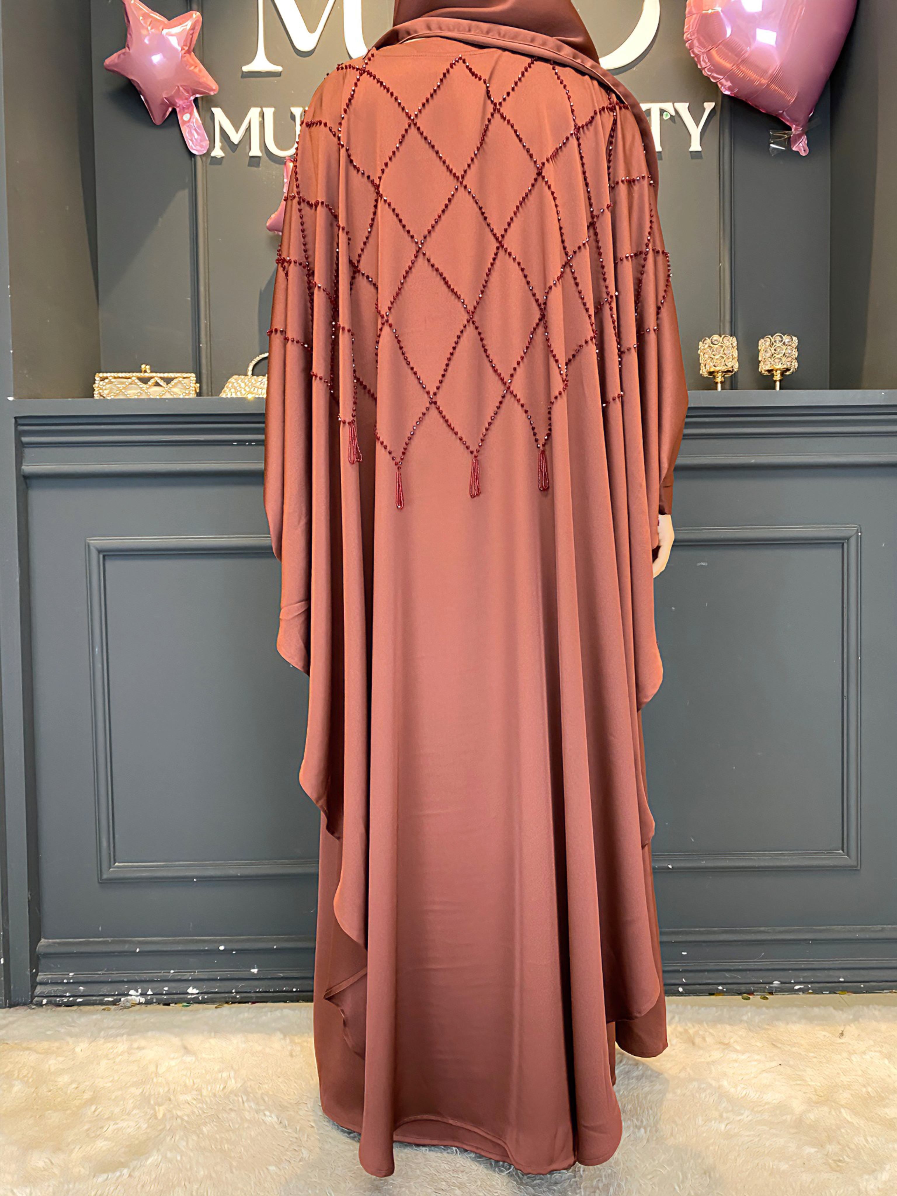 Ramadan 3-Piece Satin Abaya Set – Handmade Beaded Open Abaya with Inner Dress & Hijab (NCS021)