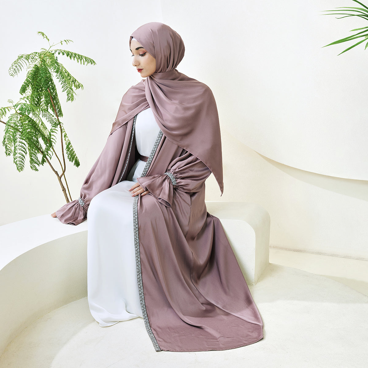 Poet Sleeve Satin Open Abaya With Matching Belt and Hijab（NCS007）