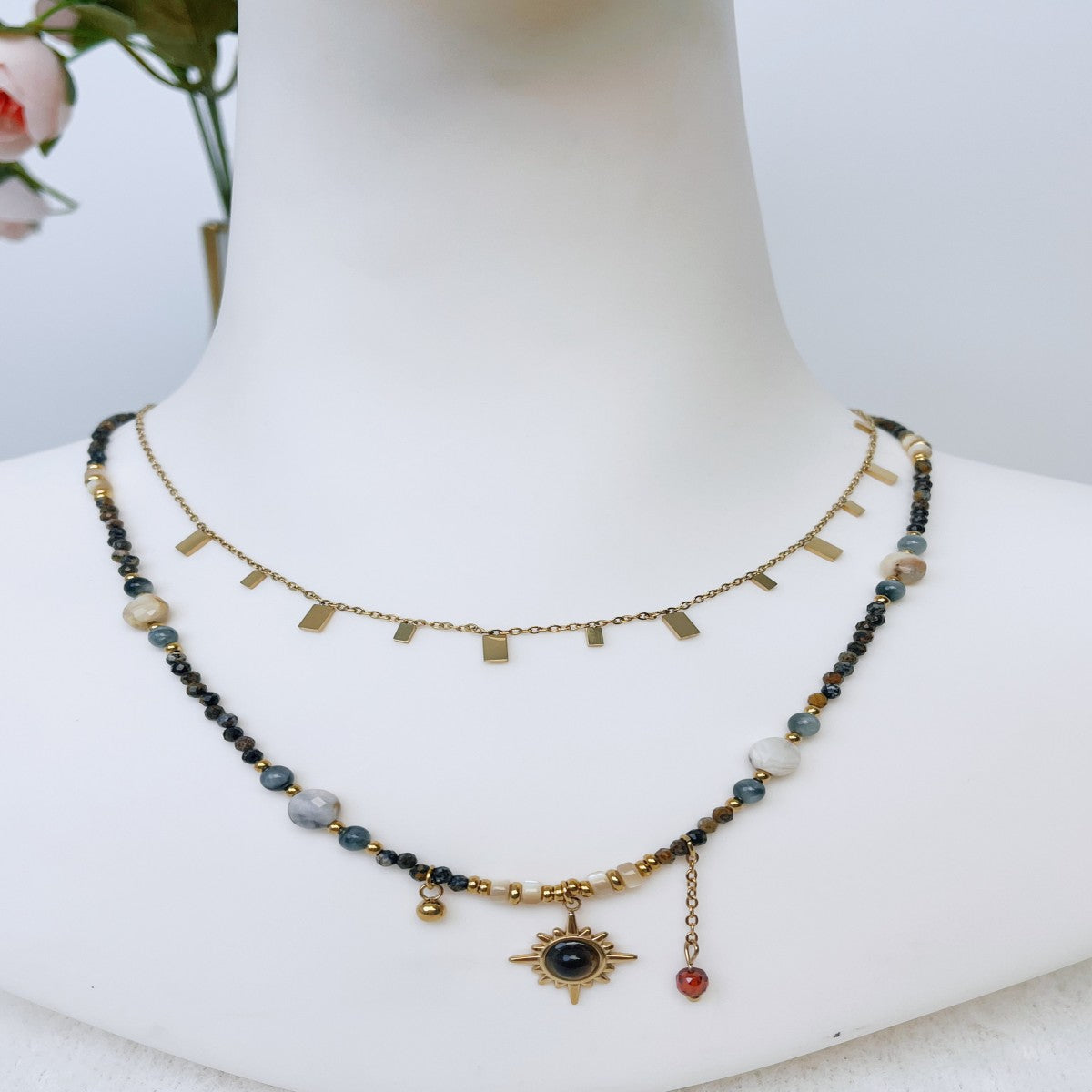 Boho Raw Stone Beaded Necklace with Vintage Sun Pendant – Handmade Natural Gemstone Jewelry for Women(NCJ001)