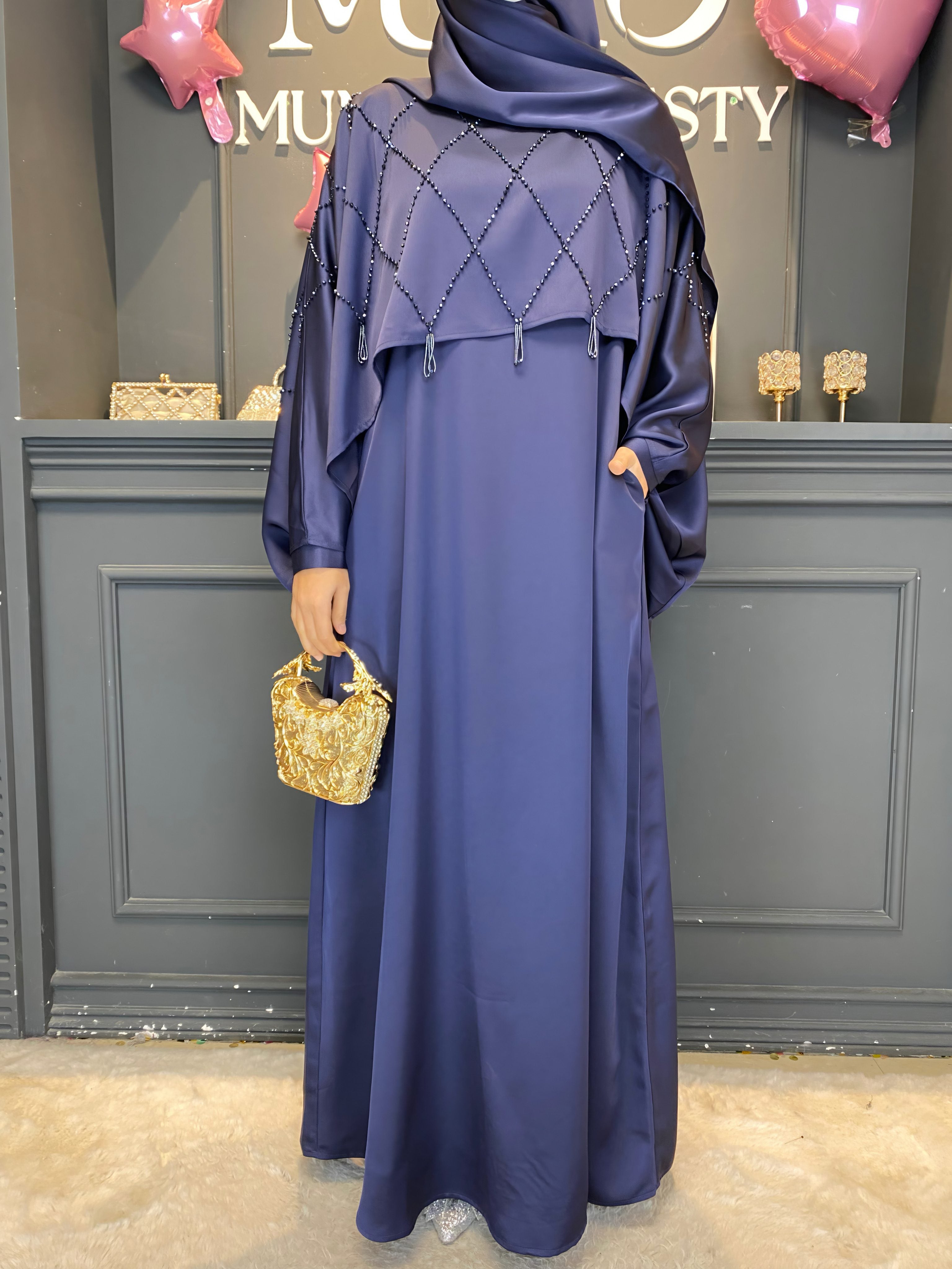 Ramadan 3-Piece Satin Abaya Set – Handmade Beaded Open Abaya with Inner Dress & Hijab (NCS021)