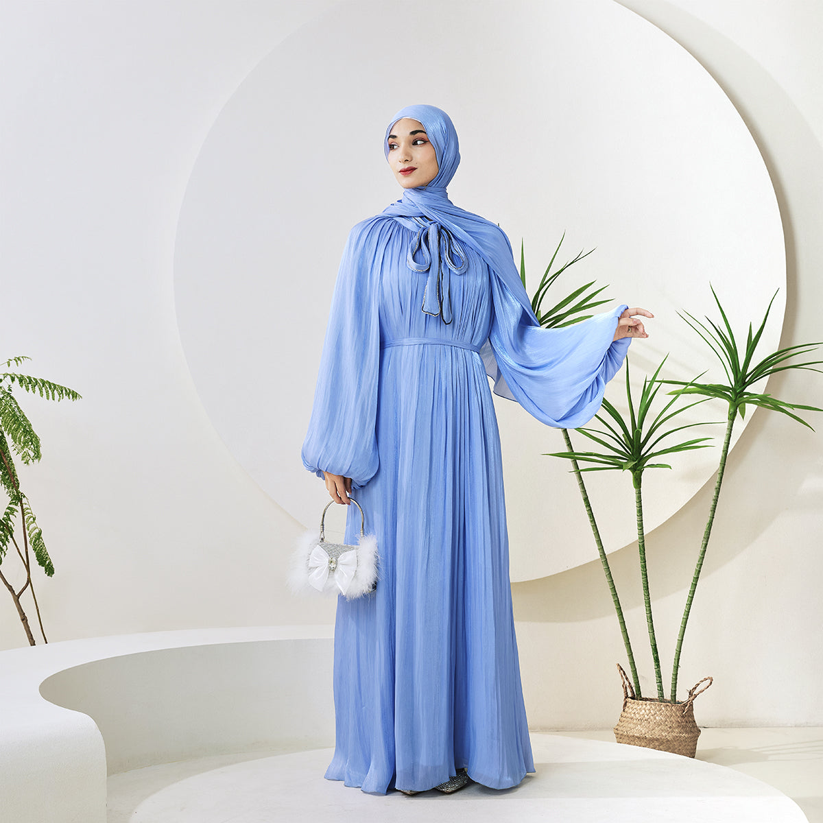 Haffafa Armani Satin  Abaya Set –  Modest Dress with Matching Belt & Hijab(NCS002)