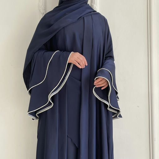 Crepe Satin Ruffle Sleeve Abaya, 5-Piece Set