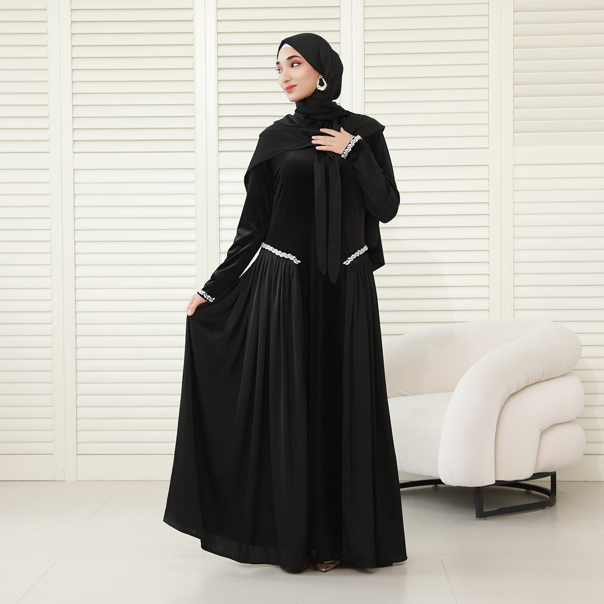 Navy Collar Velvet Satin Abaya Set with Hijab – Fall Modest Fashion (NCS016)