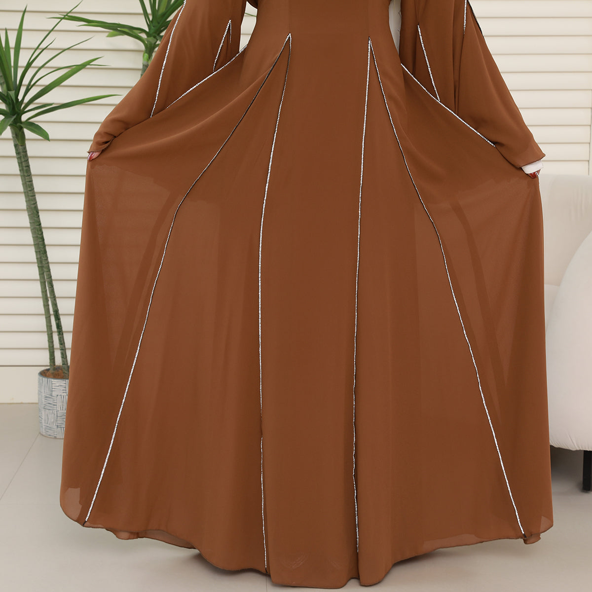 Elegant Bell Sleeve Maxi Abaya with Matching Hijab – Flowing Chiffon with Silver Trim(NCS019)