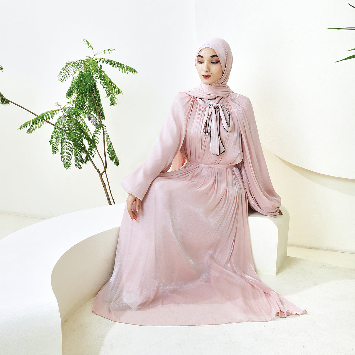 Haffafa Armani Satin  Abaya Set –  Modest Dress with Matching Belt & Hijab(NCS002)