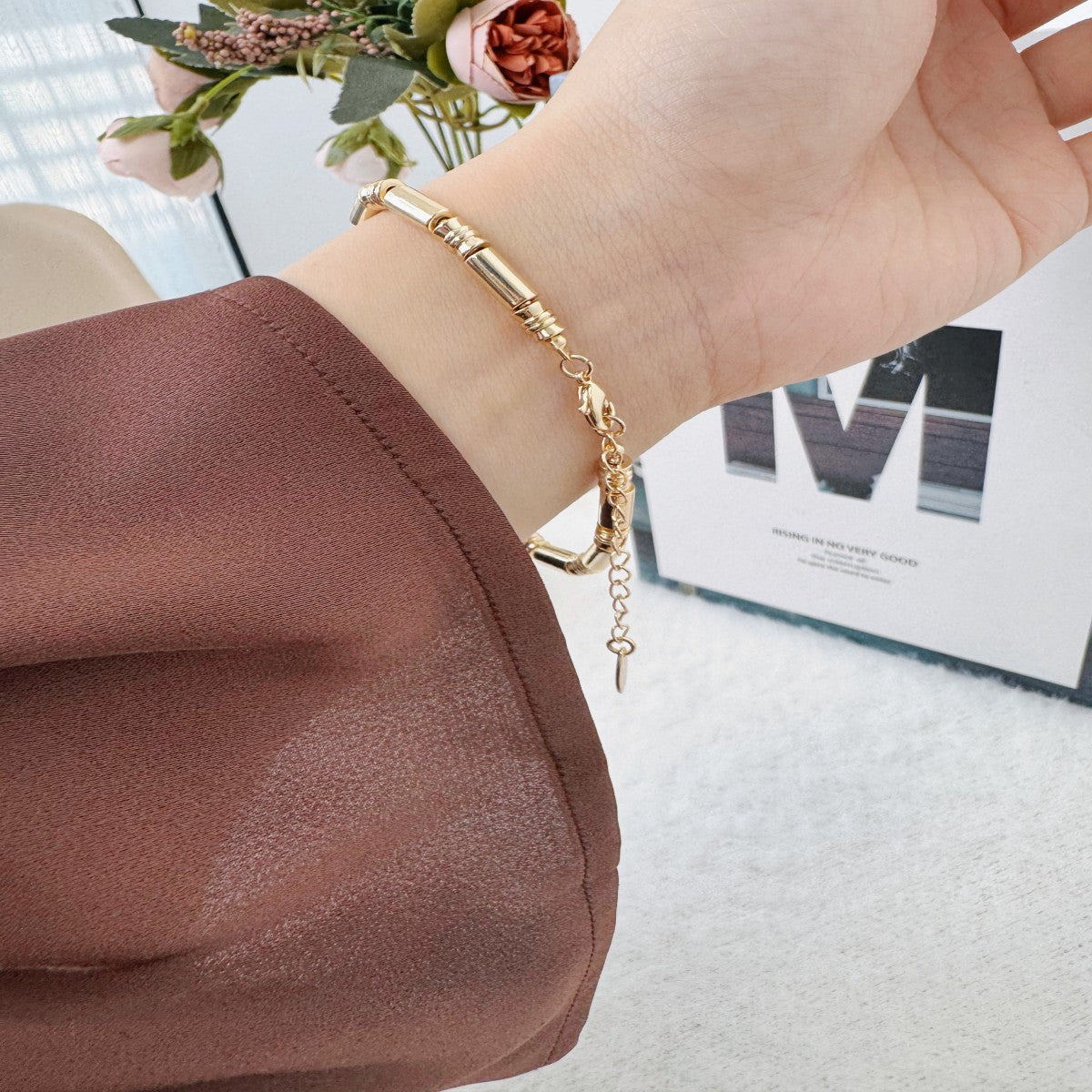 Gold Textured Alloy Bracelet – Adjustable Minimalist Bangle for Women(NCJ005)