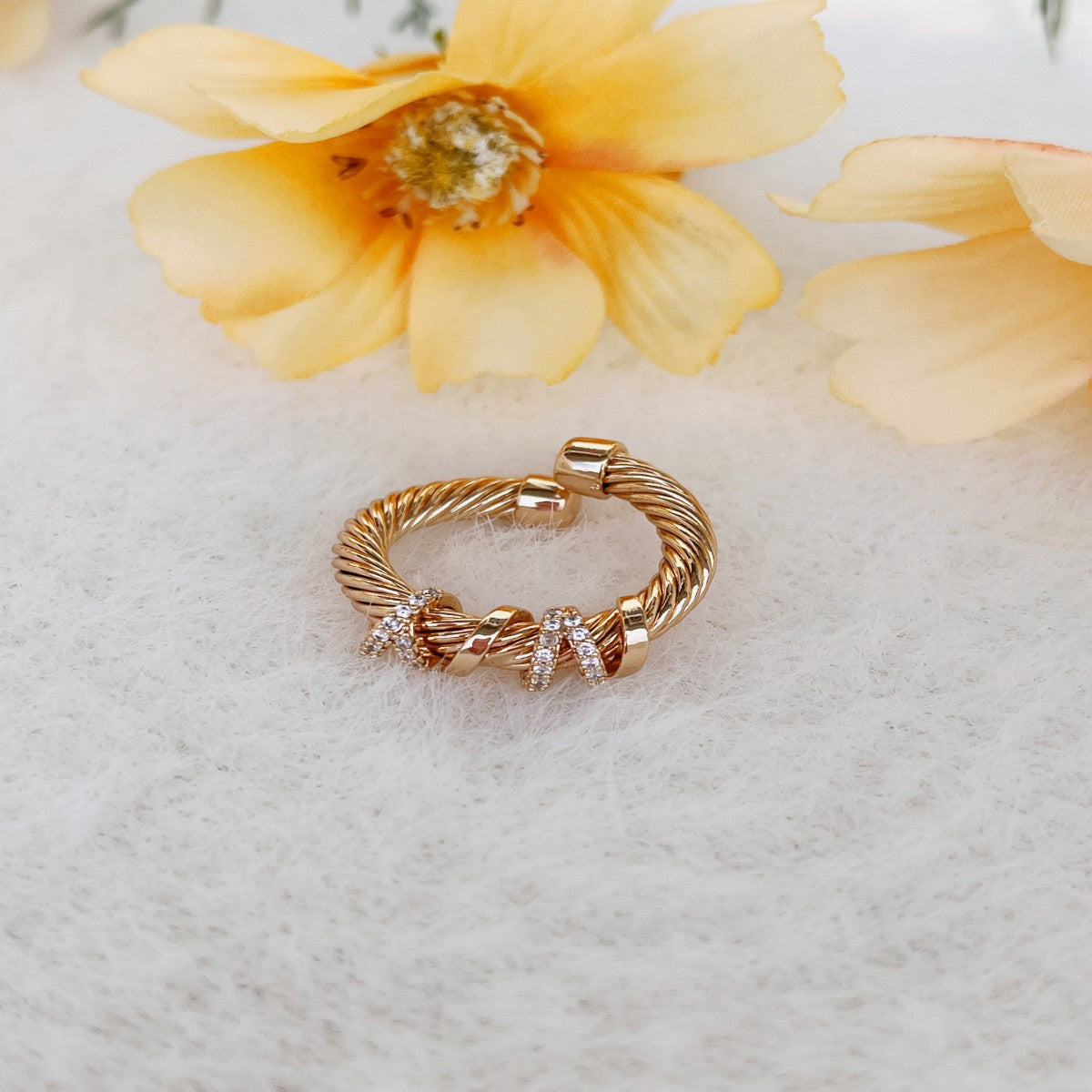 Gold Twisted Rope Ring with Crystal Accents – Adjustable Open Band Ring for Women(NCJ006)