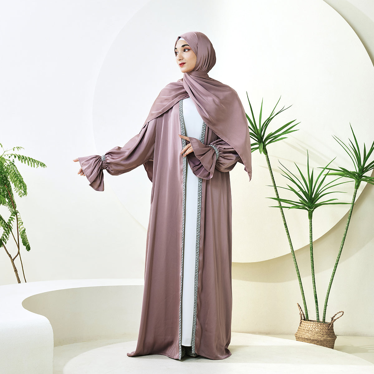 Poet Sleeve Satin Open Abaya With Matching Belt and Hijab（NCS007）