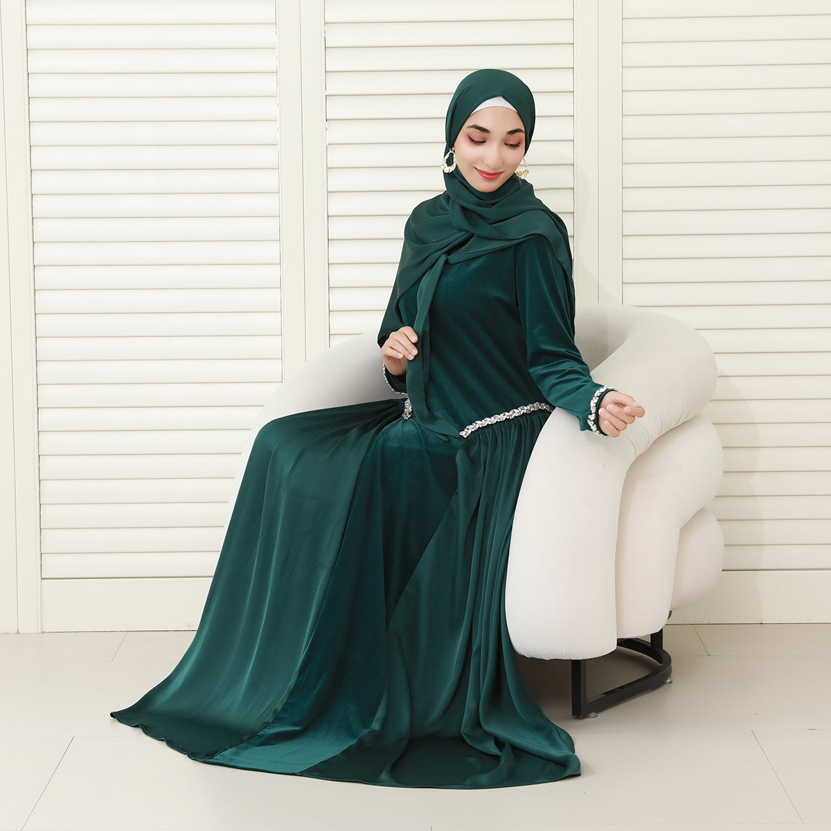 Navy Collar Velvet Satin Abaya Set with Hijab – Fall Modest Fashion (NCS016)