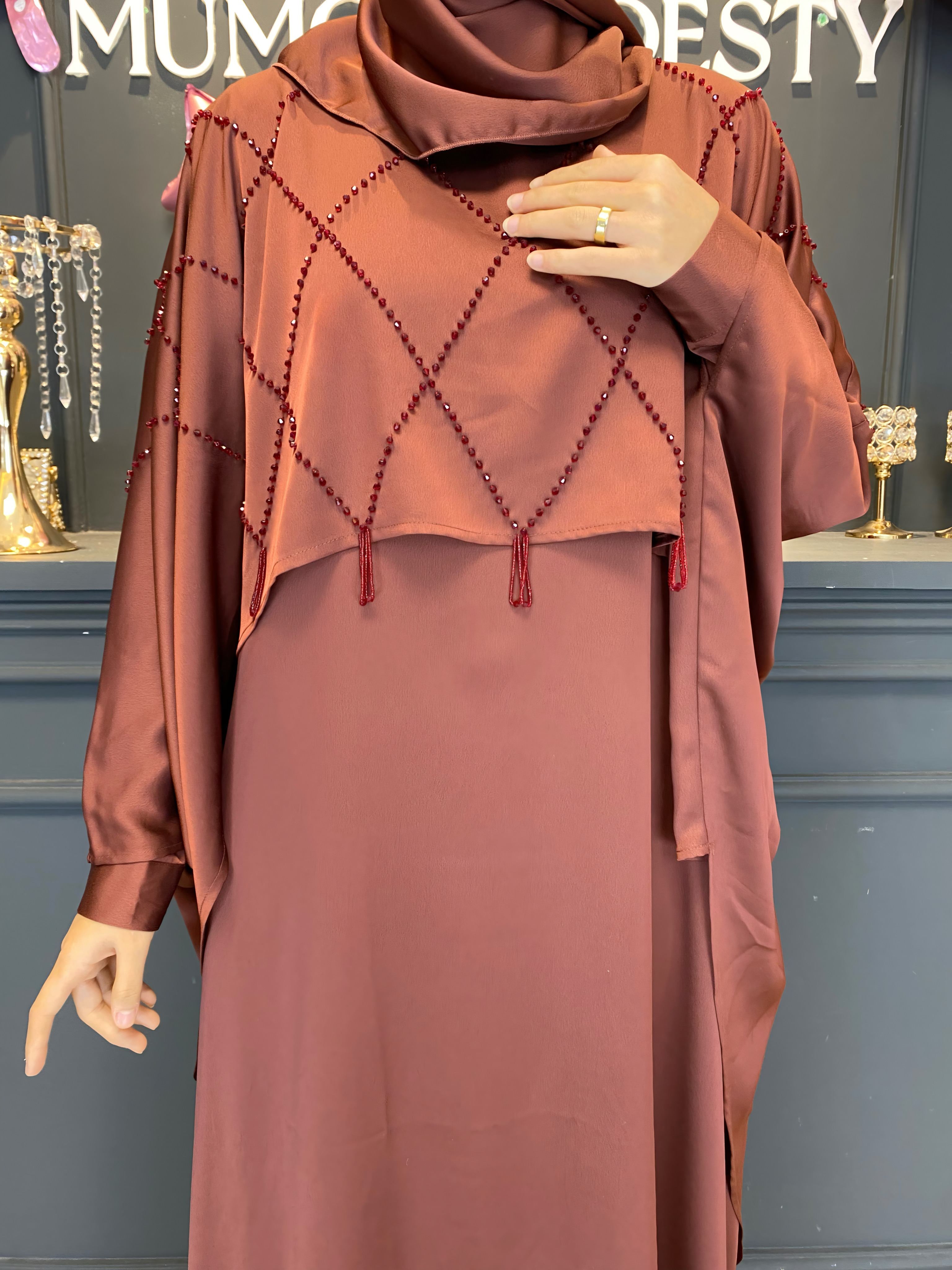 Ramadan 3-Piece Satin Abaya Set – Handmade Beaded Open Abaya with Inner Dress & Hijab (NCS021)