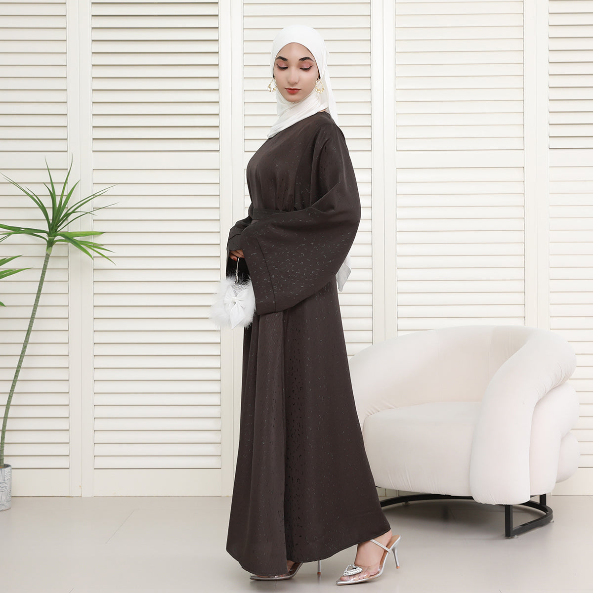 Elegant 3D Jacquard Brocade Belted Maxi Dress Abaya– Luxury Satin Gown for Formal Occasions(NCA019)