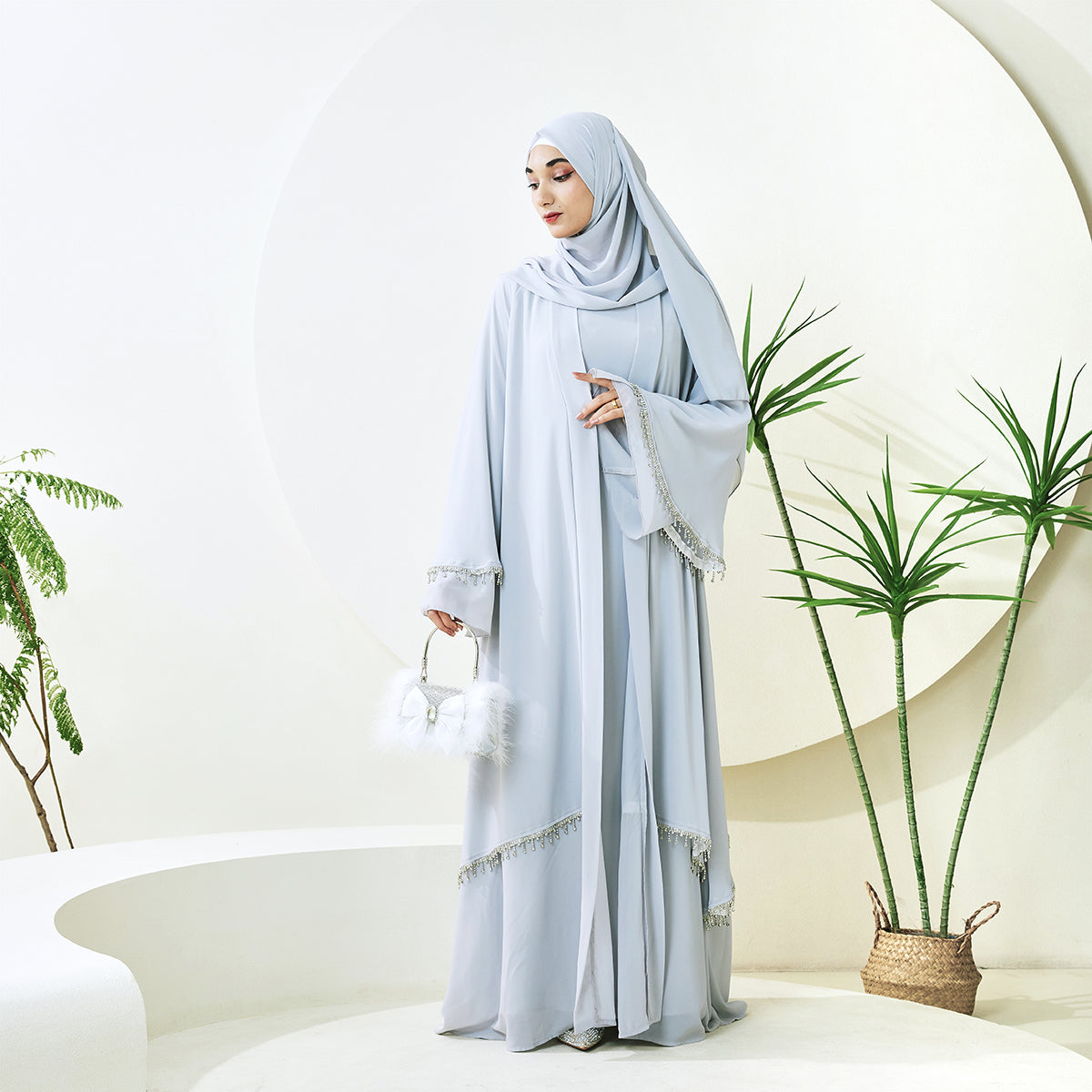 Elegant Chiffon Diamond Tassels Abaya Four - piece Set（NCS001）