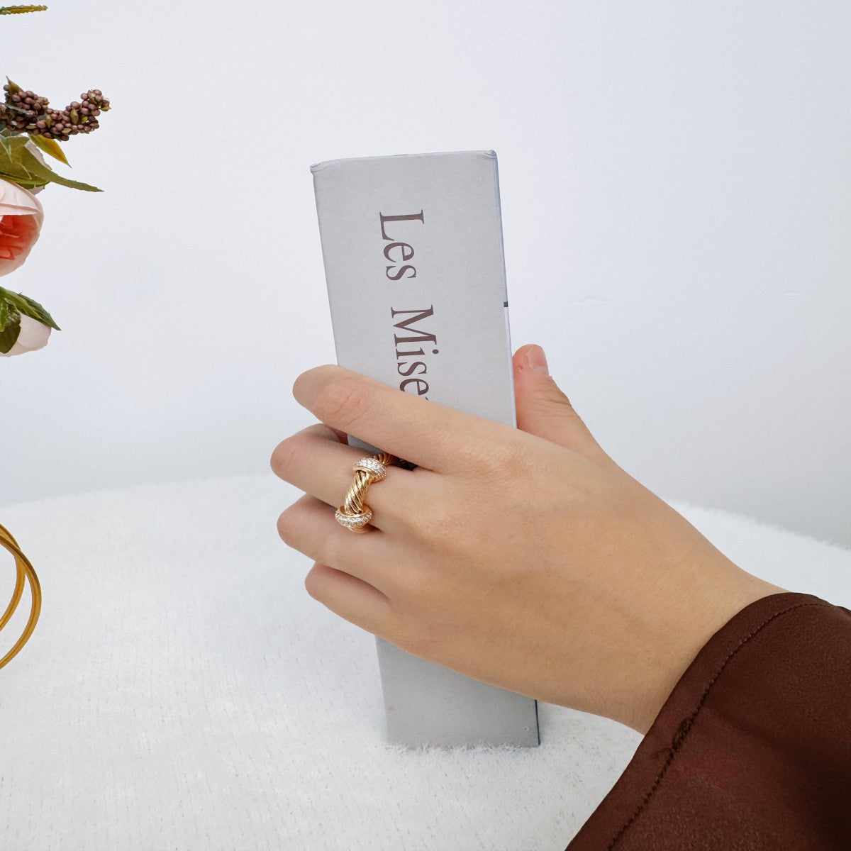 Gold Twisted Rope Ring with Crystal Accents – Adjustable Open Band Ring for Women(NCJ006)