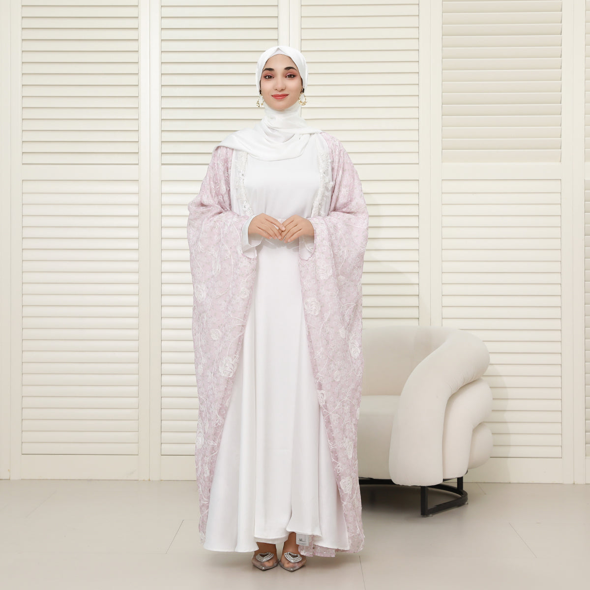 Reversible 4-Piece Batwing Abaya Set – Armani Satin & Embroidered Chiffon (NCS018)