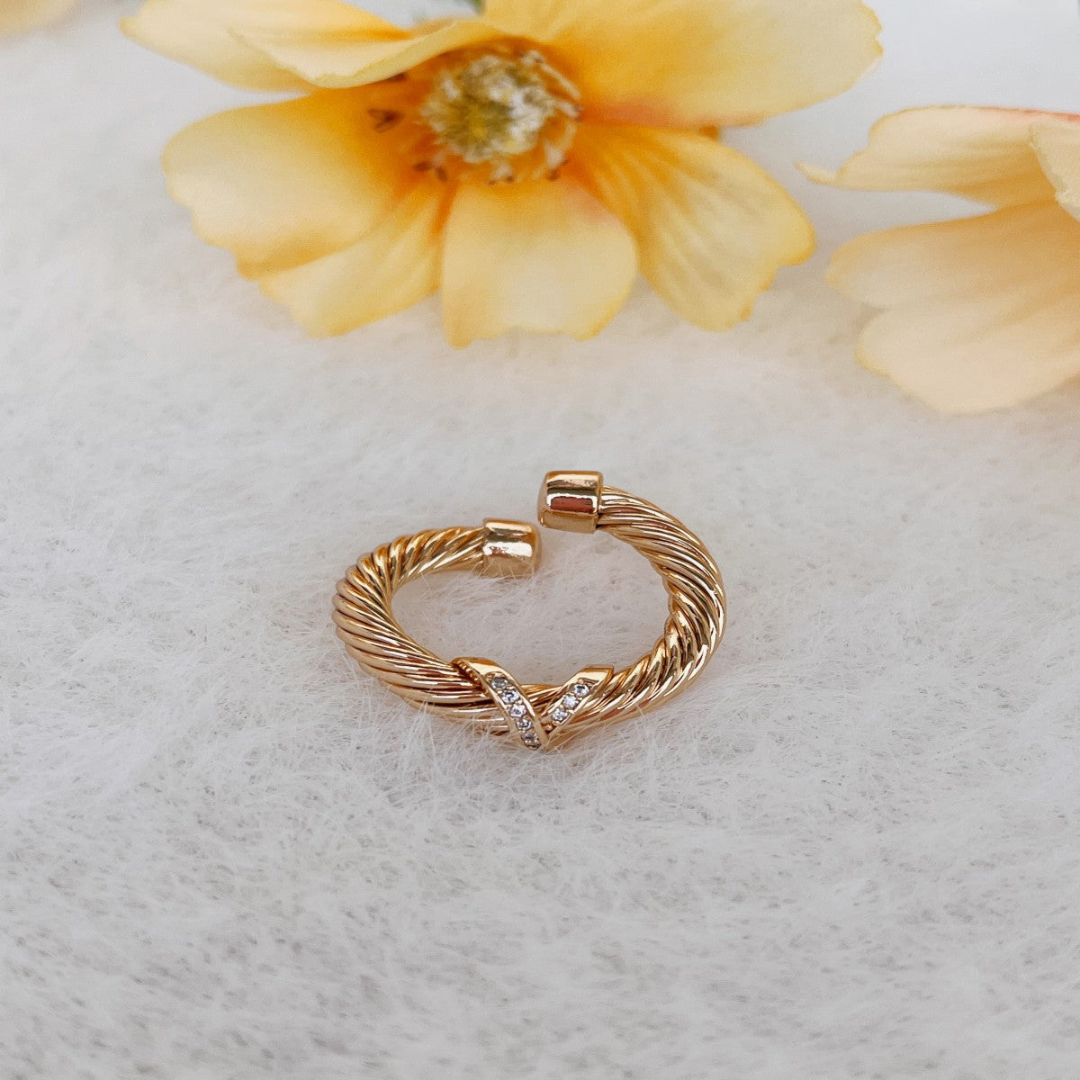 Gold Twisted Rope Ring with Crystal Accents – Adjustable Open Band Ring for Women(NCJ006)