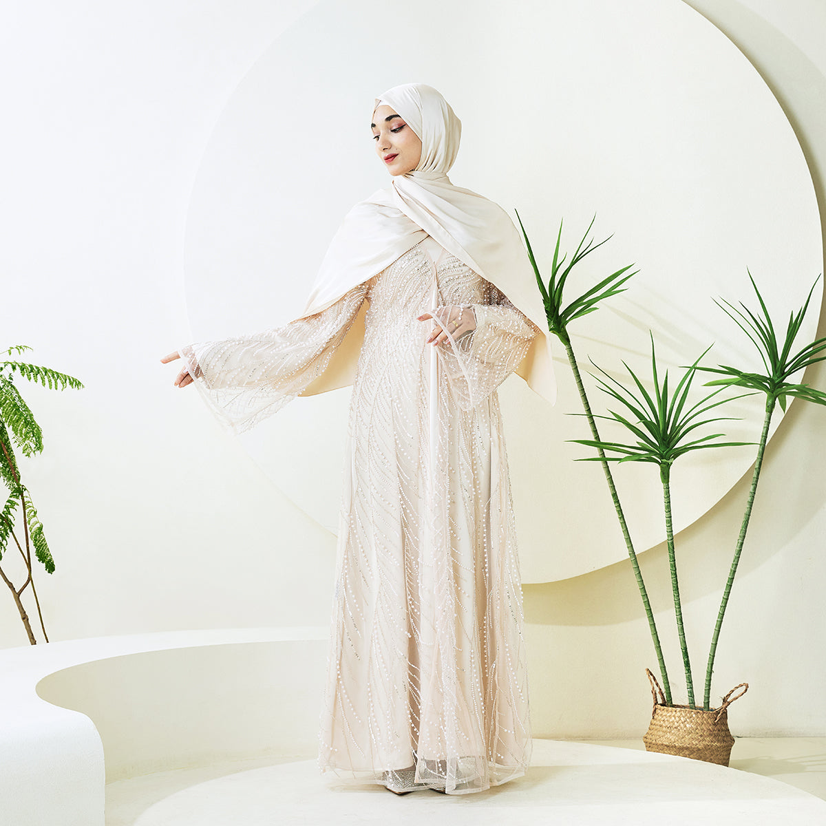 3-Piece Bridal Abaya Set with Pearl‑Embellished Organza Overlay PREORDER（NCS010）