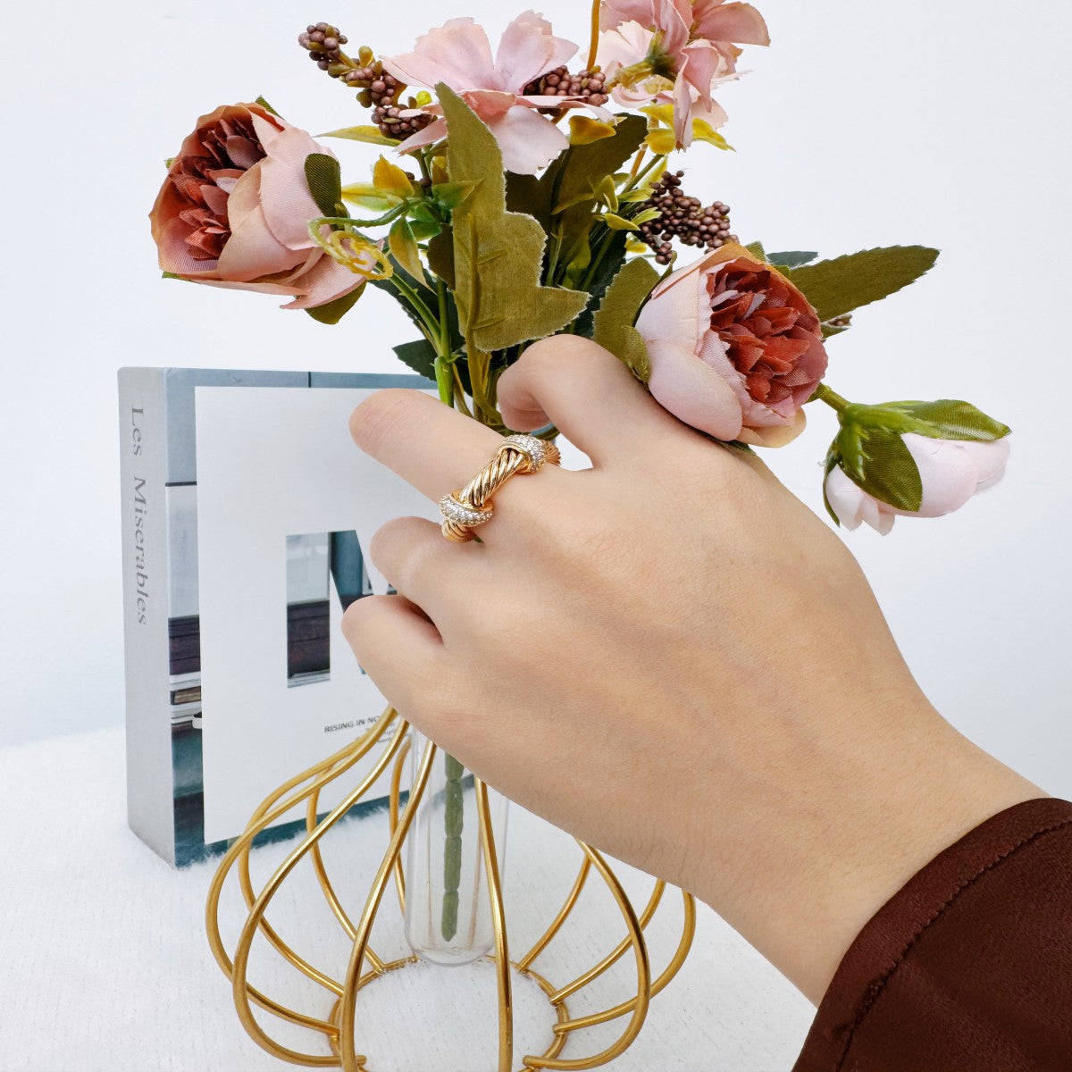 Gold Twisted Rope Ring with Crystal Accents – Adjustable Open Band Ring for Women(NCJ006)