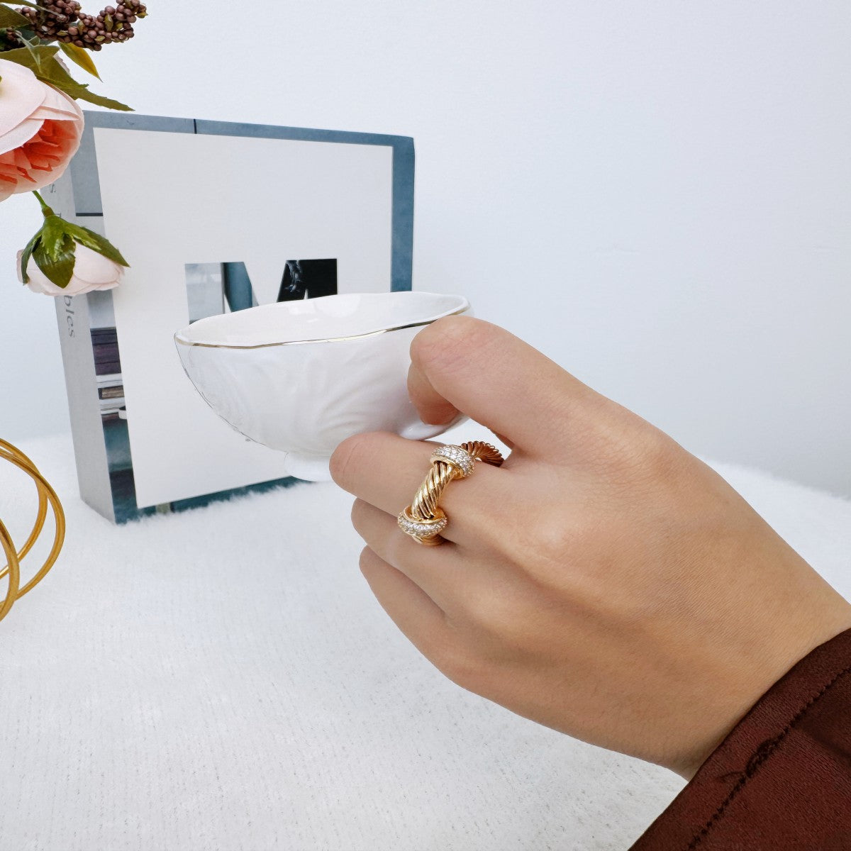 Gold Twisted Rope Ring with Crystal Accents – Adjustable Open Band Ring for Women(NCJ006)