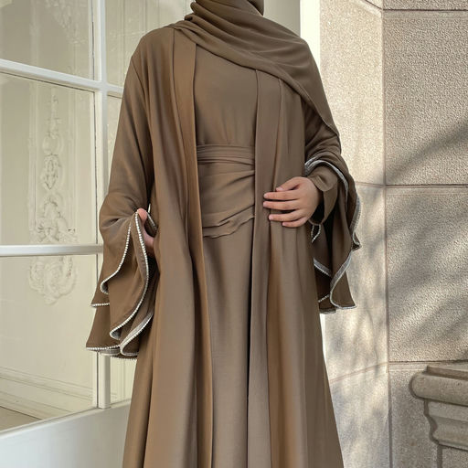 Crepe Satin Ruffle Sleeve Abaya, 5-Piece Set