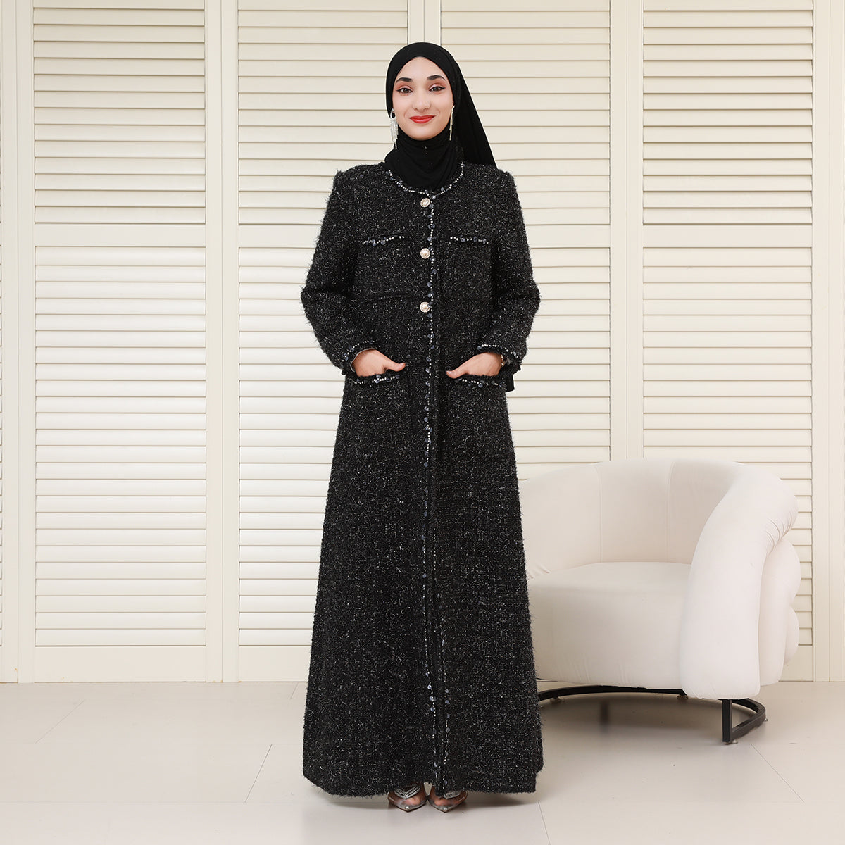 Wool Blend Winter Tweed Abaya Coat with Rhinestone Trim – Elegant Chanel-Inspired Modest Outerwear(NCC001)