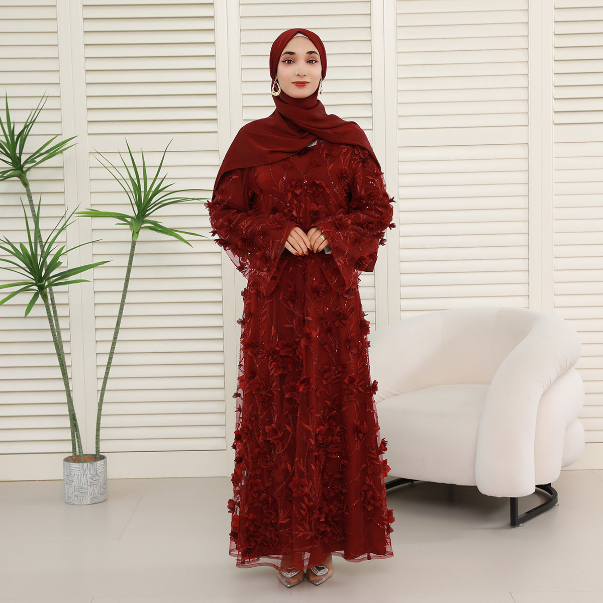 4-Piece 3D Floral Applique Abaya Set with Sheer Overlay – Elegant Occasionwear for Muslim Women-Preorder (NCS012)