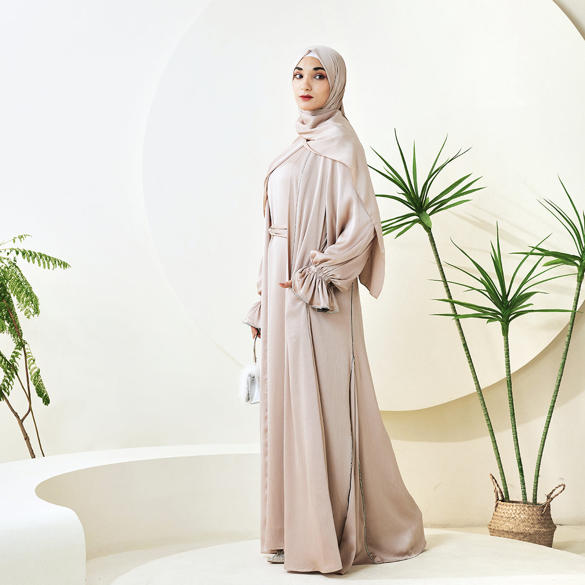 3-Piece Ruffle Sleeve Haiya Abaya Set with Sparkling Rhinestone (NCS006)