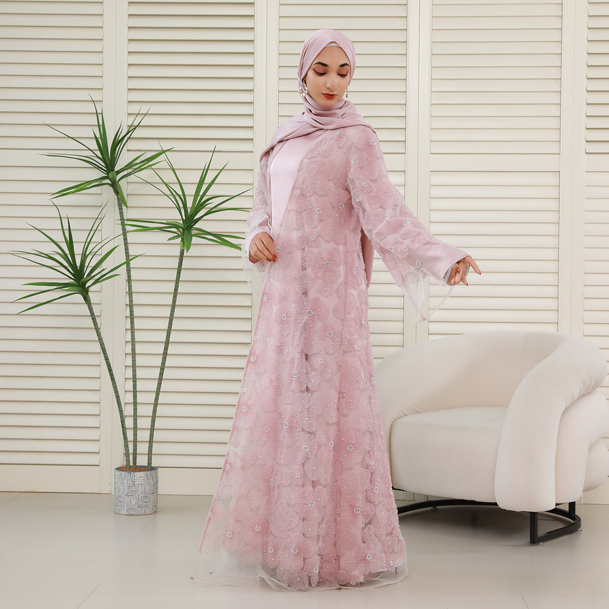 Floral Embroidered 4-Piece Abaya Set – Luxury Occasionwear Modest Dress (NCS013)