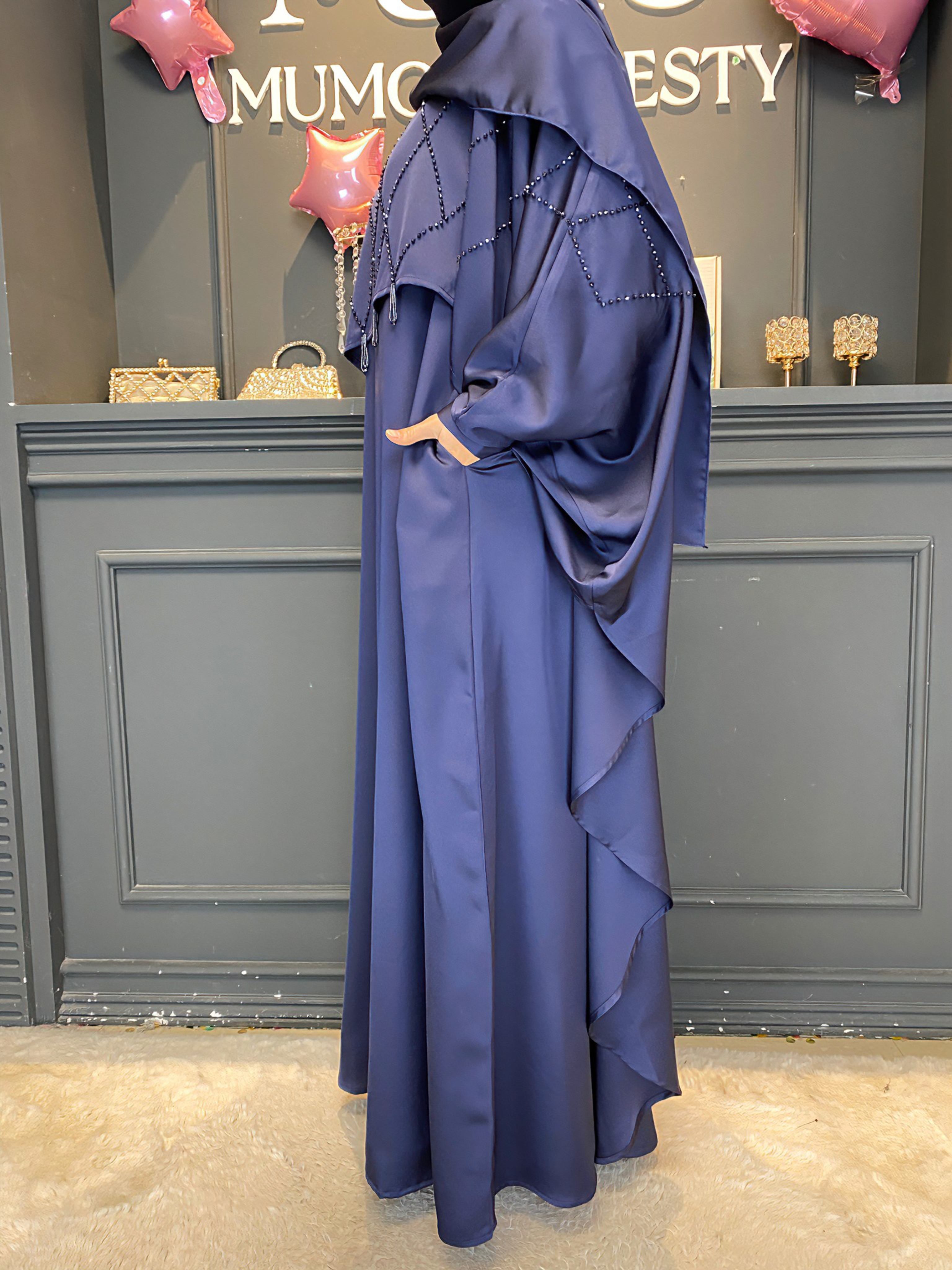 Ramadan 3-Piece Satin Abaya Set – Handmade Beaded Open Abaya with Inner Dress & Hijab (NCS021)