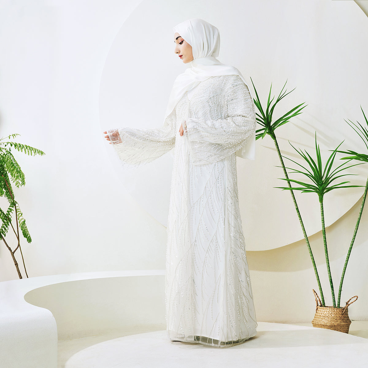 3-Piece Bridal Abaya Set with Pearl‑Embellished Organza Overlay PREORDER（NCS010）