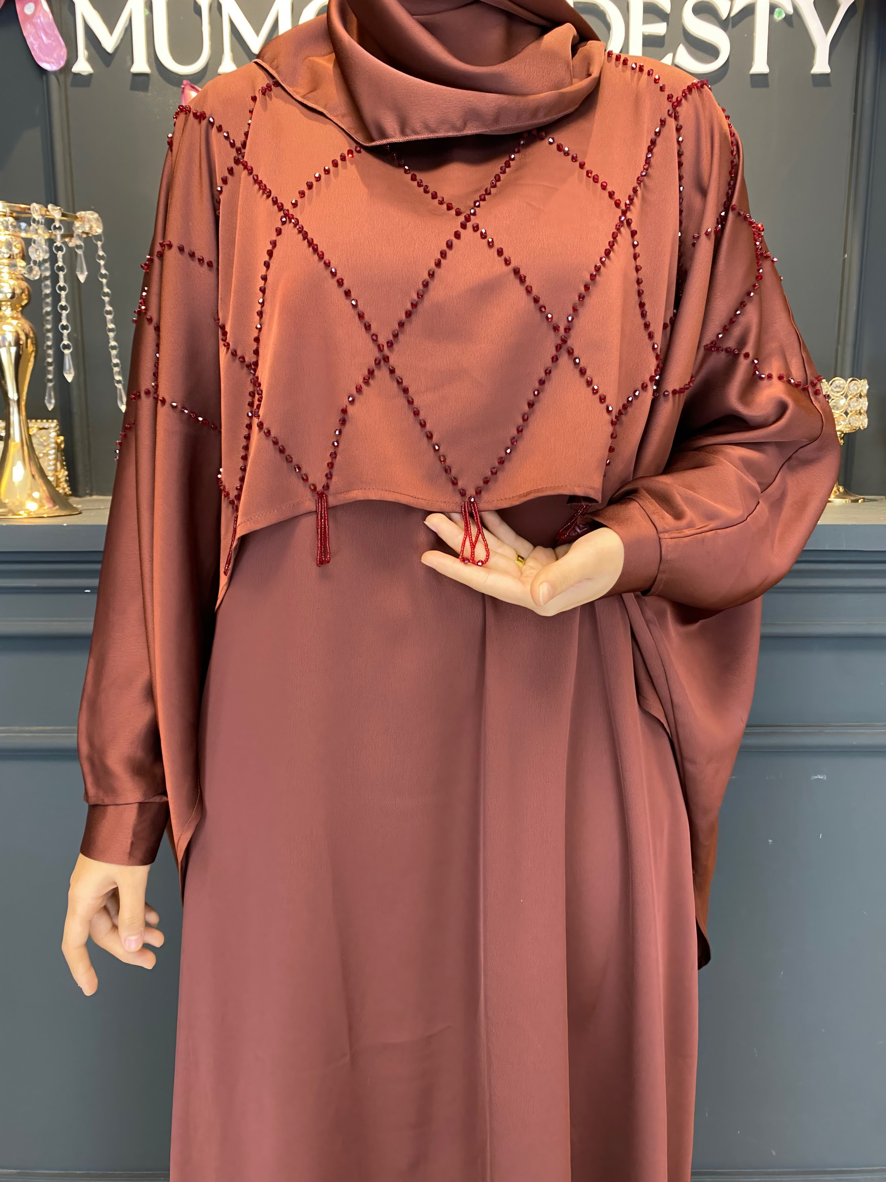 Ramadan 3-Piece Satin Abaya Set – Handmade Beaded Open Abaya with Inner Dress & Hijab (NCS021)