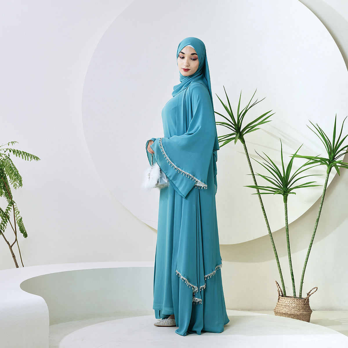 Elegant Chiffon Diamond Tassels Abaya Four - piece Set（NCS001）