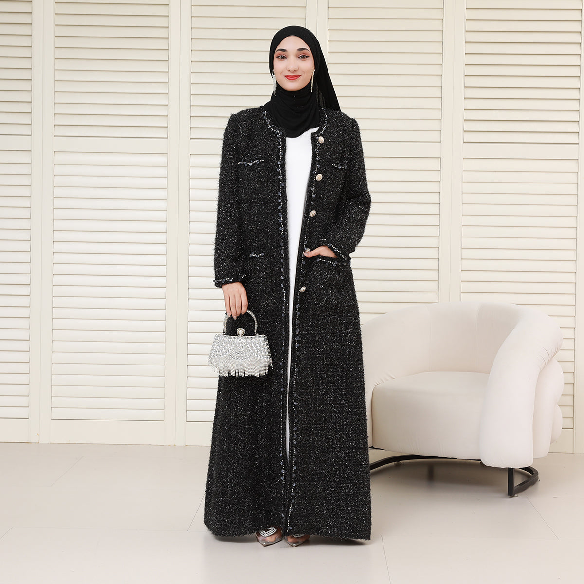 Wool Blend Winter Tweed Abaya Coat with Rhinestone Trim – Elegant Chanel-Inspired Modest Outerwear(NCC001)