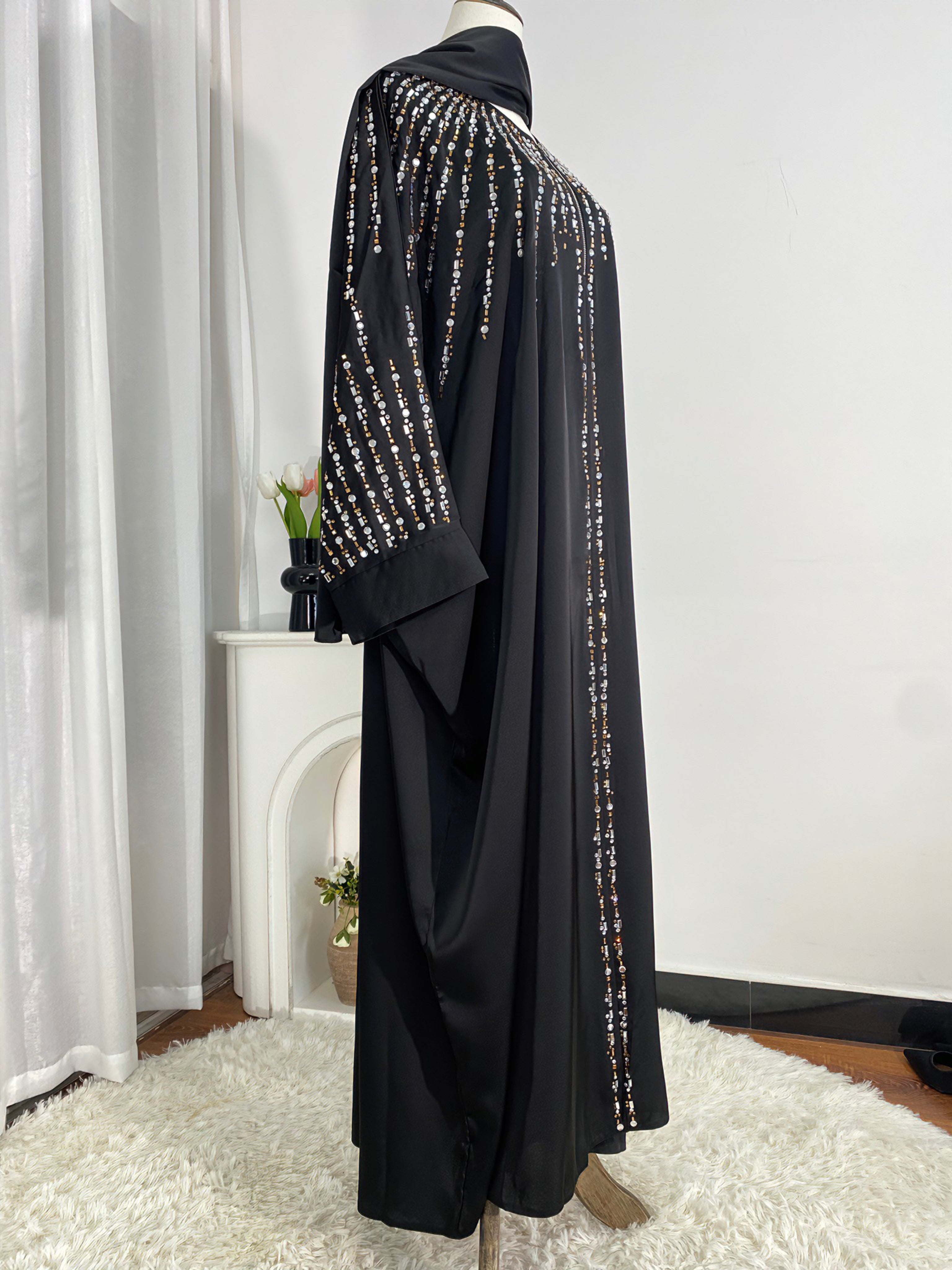 Rhinestone Embellished Abaya Dress with Hijab – Front Zipper Modest Kaftan with Pockets for Women (S–XXL)