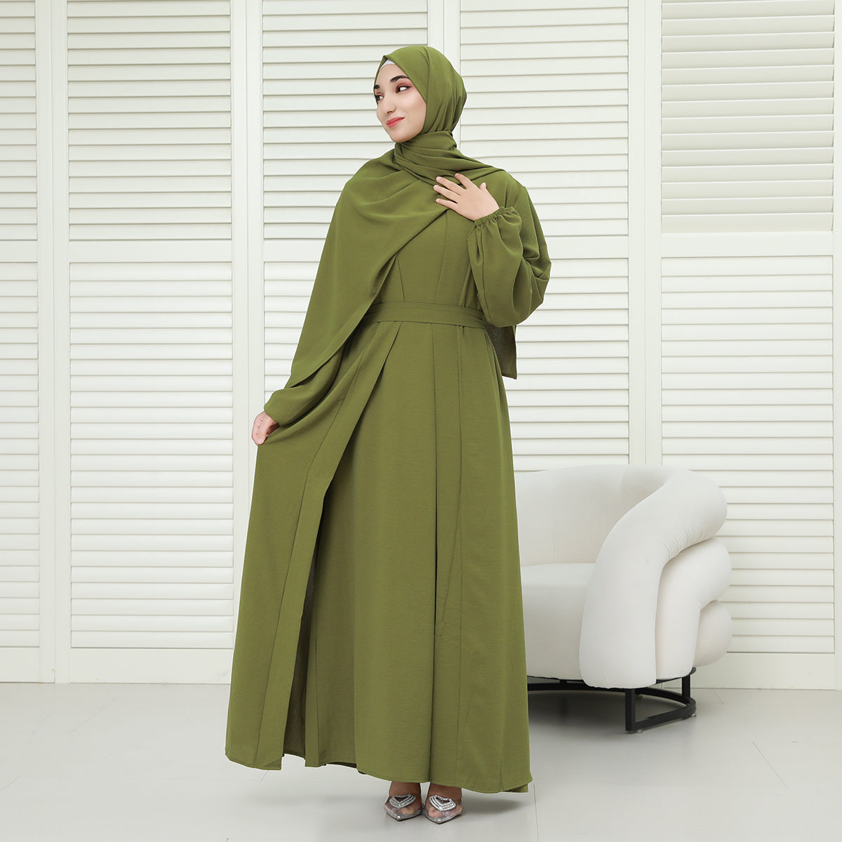 3-Piece Modest Abaya Set with Inner Dress, Outer Layer & Waist Belt – Elegant Everyday Wear (NCA010)