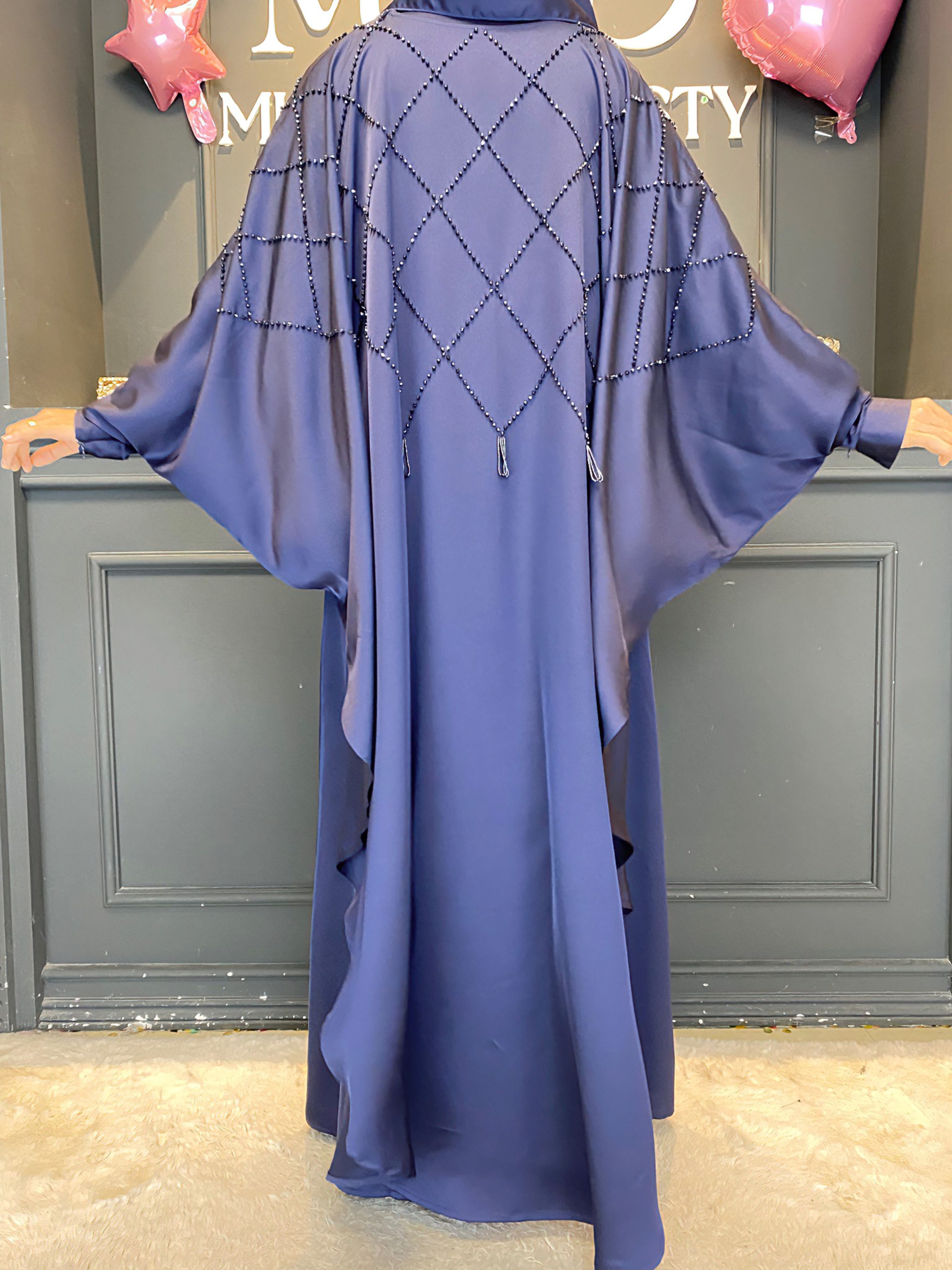 Ramadan 3-Piece Satin Abaya Set – Handmade Beaded Open Abaya with Inner Dress & Hijab (NCS021)