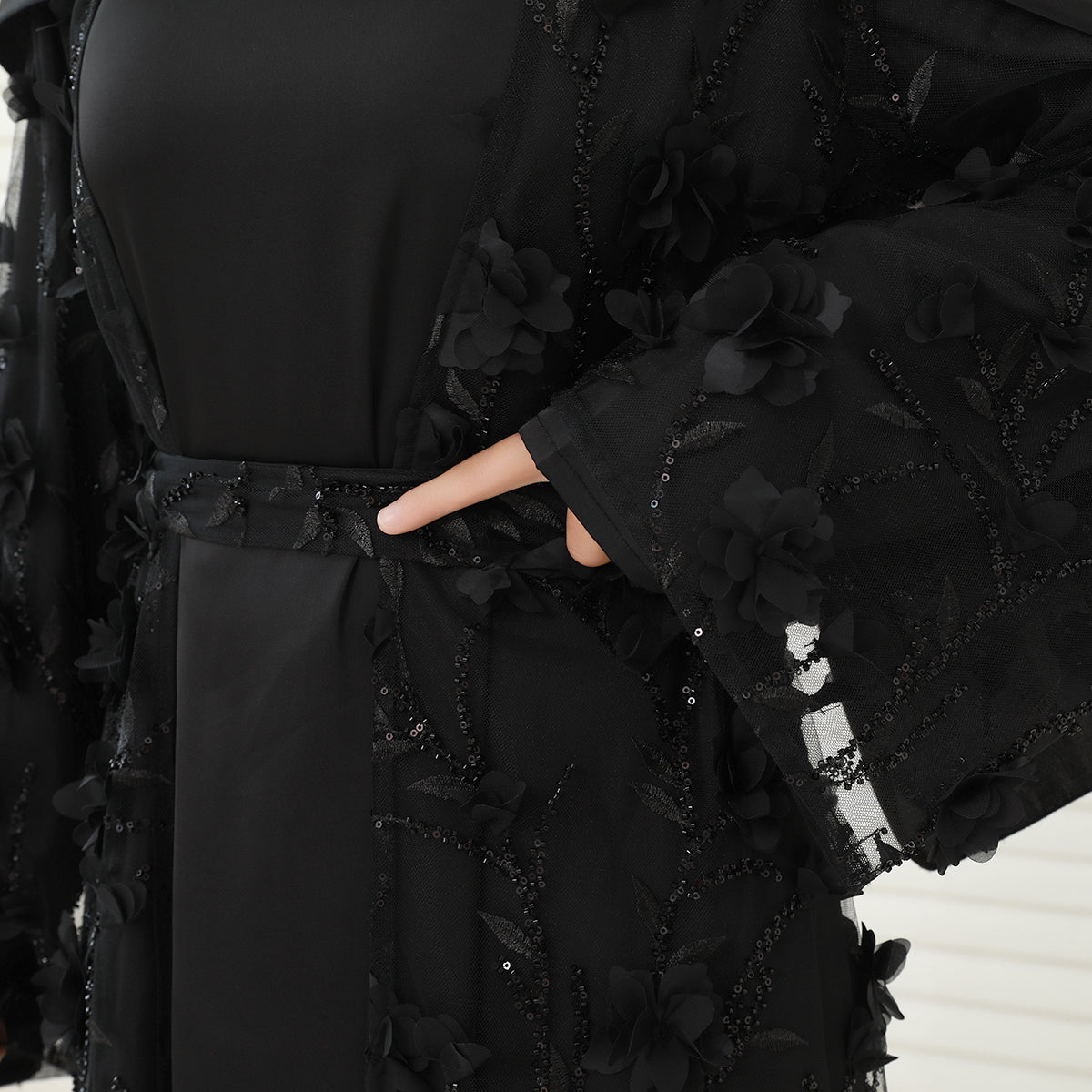 4-Piece 3D Floral Applique Abaya Set with Sheer Overlay – Elegant Occasionwear for Muslim Women-Preorder (NCS012)