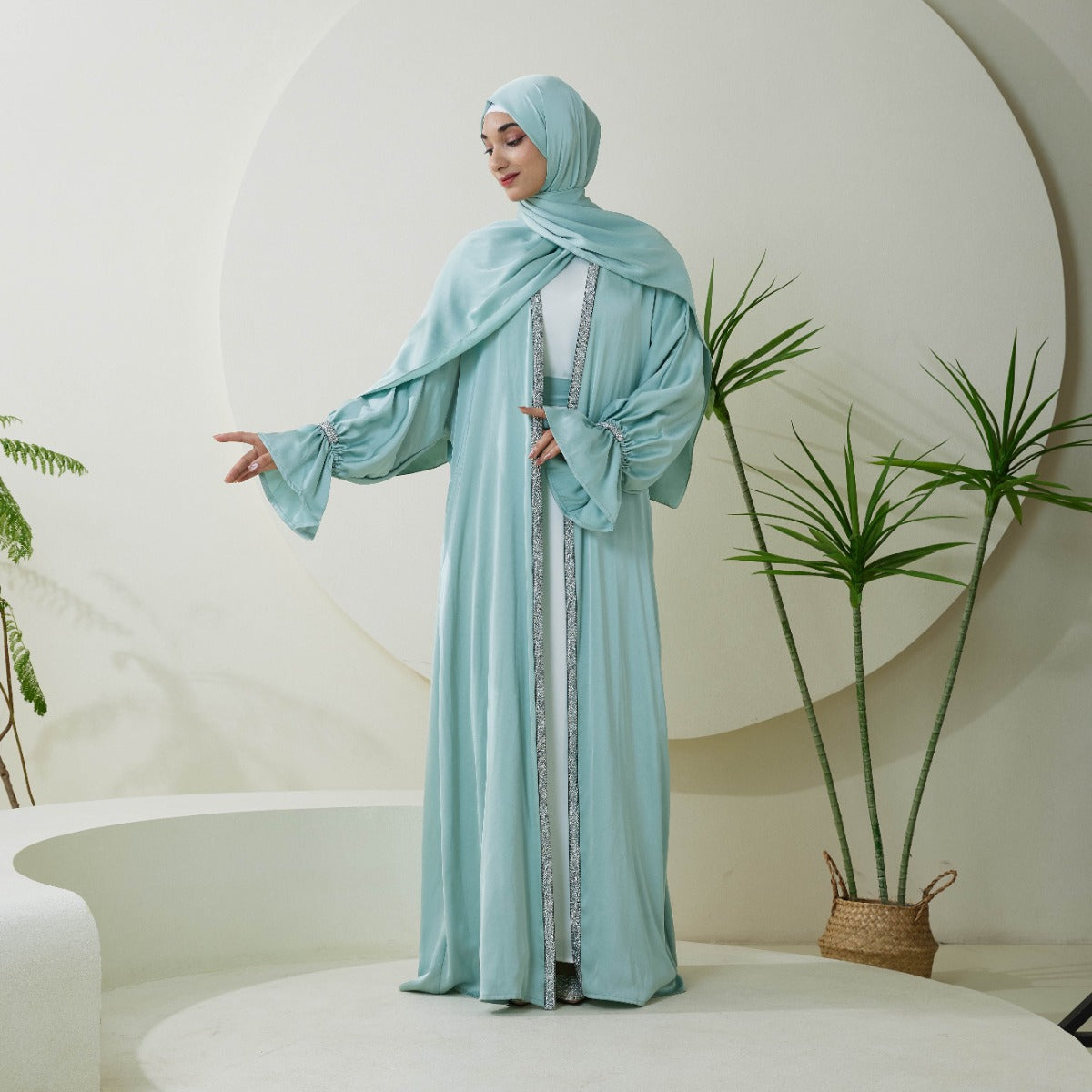 Poet Sleeve Satin Open Abaya With Matching Belt and Hijab（NCS007）