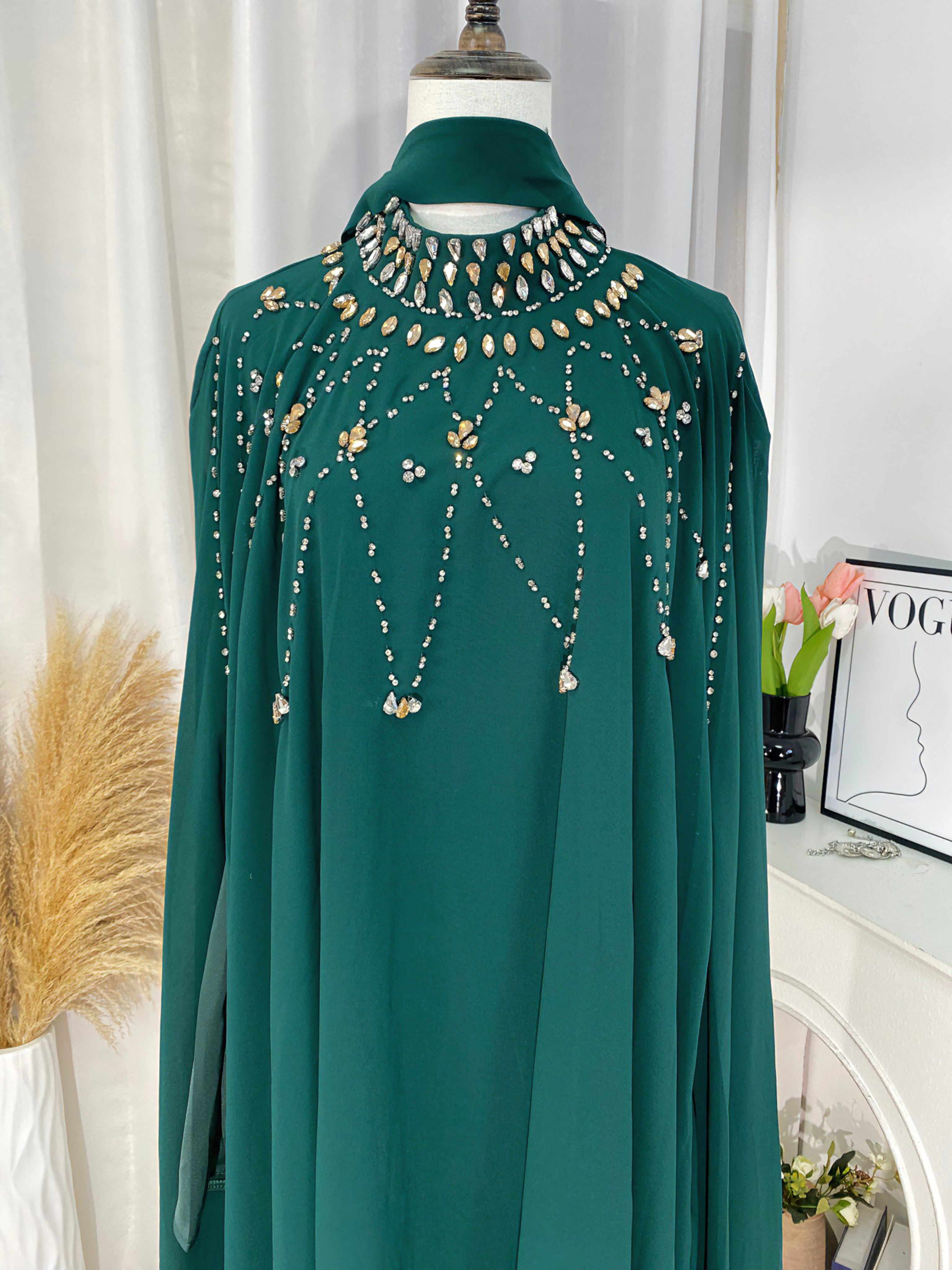 Luxury Crystal Beaded Abaya Set for Women(NCS022) – 2 Piece Open Abaya with Long Sleeve Inner Dress with Pockets (S–XXL)